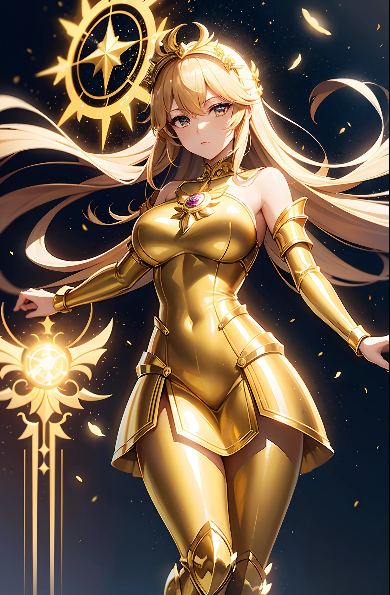 a woman in a gold costume is standing in a white dress, the sailor galaxia. beautiful, angelic golden armor, knights of zodiac girl, portrait knights of zodiac girl, anime goddess, saint seiya, celestial goddess, gold heavy armor. dramatic, golden armor, golden goddess athena, ornate cosplay, gorgeous goddess of leo, cyborg goddess in cosmos, wearing gold armor, heaven environment, light environment