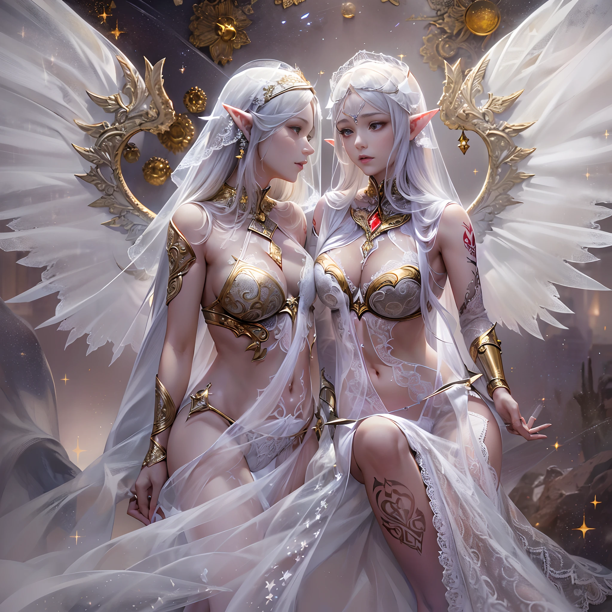 Sisters, Milky Way, Crescent Moon, Meteor Shower, Silver Hair, Feathered Angel Wings, Elven Ears, Transparent Finish, Realistic Body Lines, (((Many long white lace veils flutter in the wind))),((Red tattoo with womb under the navel))))), (Silk gold and silver lingerie), ((((Dirty crest)))