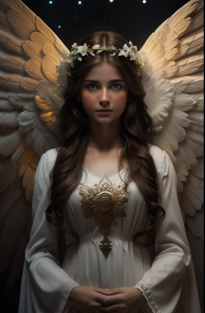 (((Blessed guardian angel))) Luminoso, en estilo similar al del artista WILLIAM ADOLPHE BOUGUEREAU, obra maestra, (La mejor calidad: 1.2), (super fine: 1.2), illustration, (extremadamente delicado y hermoso: 1.2), movie angle, flotante, (Hermoso ojo de detalle: 1.1), (detalle luz: 1.1), Movie Lights, Cielo delicado, ojos azules, (Cola de caballo alta: 1.1), capa, ojuelos, cielo estrellado, (light particles: 1.1) dibujo, flor. (obra maestra), (La mejor calidad), (fotorrealista:1.3), 8k, Textura detallada de la piel, Textura detallada de la tela, hermosa cara detallada, Detalles intrincados, ultra detallado (cuerpo de cuerpo entero:1.2)