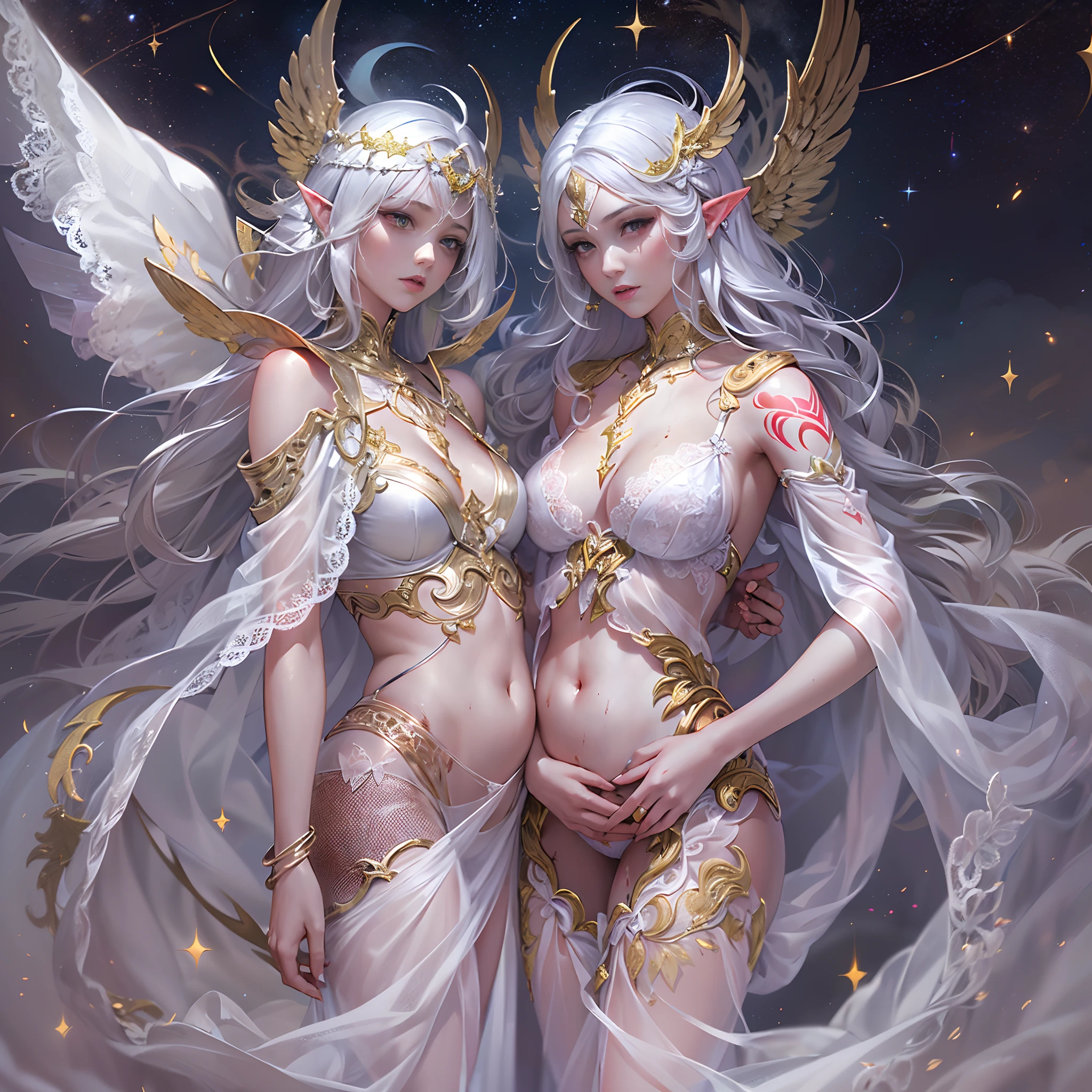 Sisters, Milky Way, Crescent Moon, Meteor Shower, Silver Hair, Feathered Angel Wings, Elven Ears, Transparent Finish, Realistic Body Lines, (((Many long white lace veils flutter in the wind))),((Red tattoo with womb under the navel))))), (Silk gold and silver lingerie), ((((Dirty crest)))