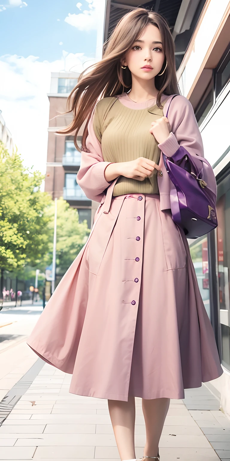 1girl,brown hair,long hair,pink clothes,purple bag