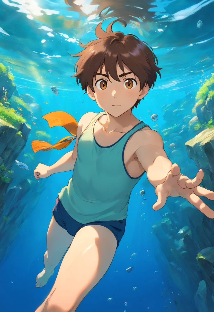 foreshortening, profundidade de campo, master part, best quality, ung man, brown hair, olhos castanhos, cabelos curto, underwater, bolha de ar, sozinho, Olhando para o Viewer, school school swimsuit, swimming, luz solar fraca,