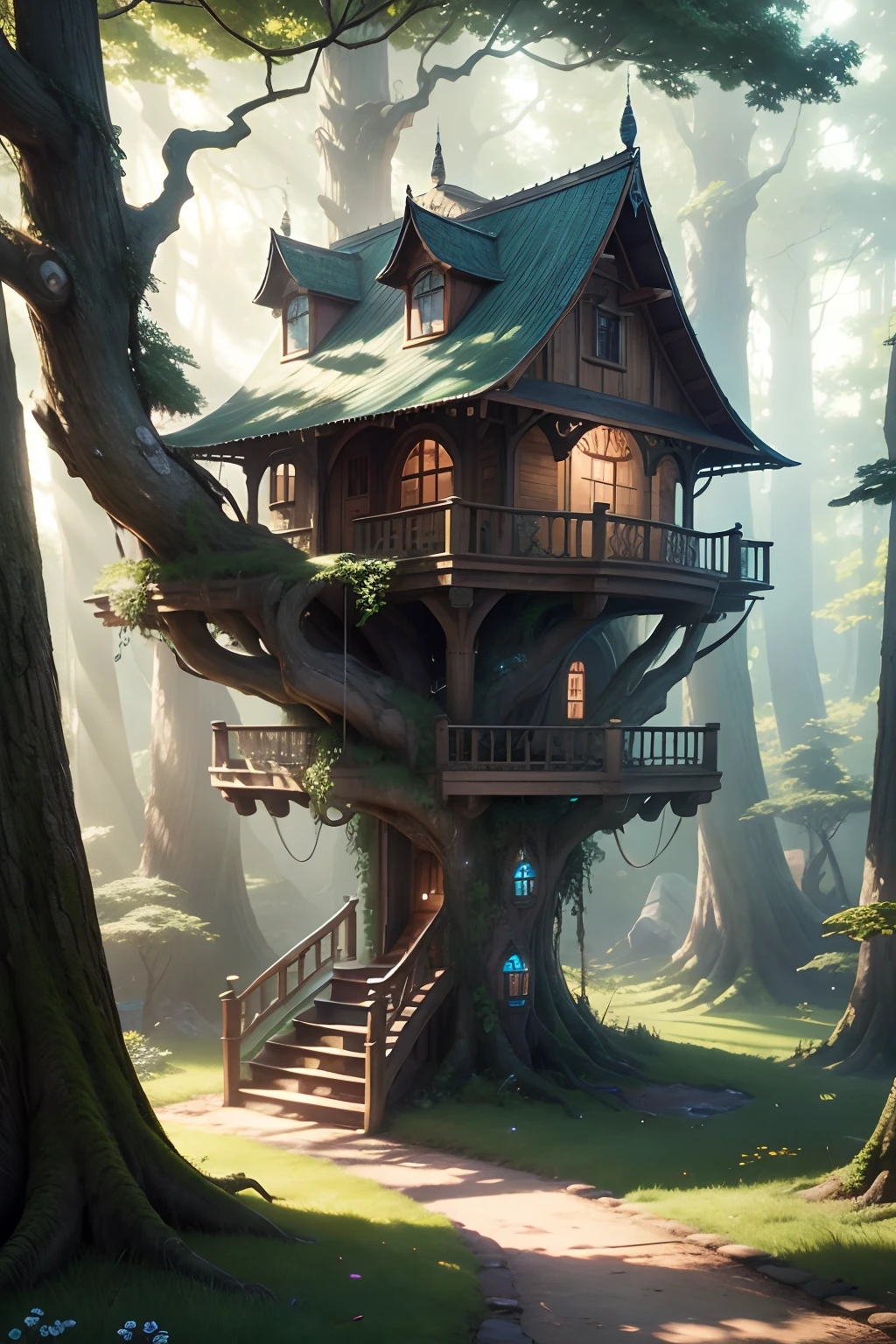 A tree house in the middle of a forest with stairs leading up to it ...