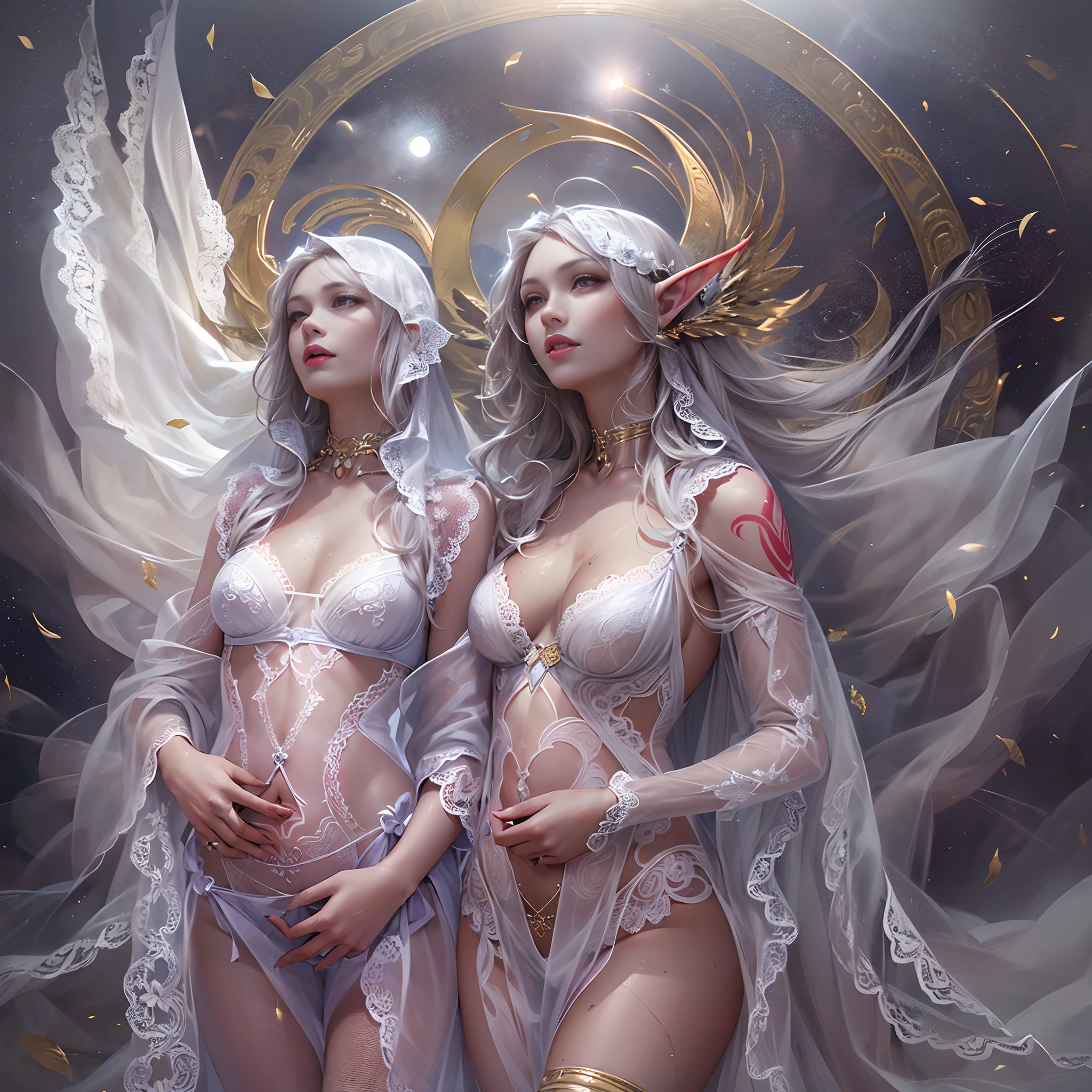 Sisters, Milky Way, Crescent Moon, Meteor Shower, Silver Hair, Feathered Angel Wings, Elven Ears, Transparent Finish, Realistic Body Lines, (((Many long white lace veils flutter in the wind))),((Red tattoo with womb under the navel))))), (Silk gold and silver lingerie), ((((Dirty crest)))