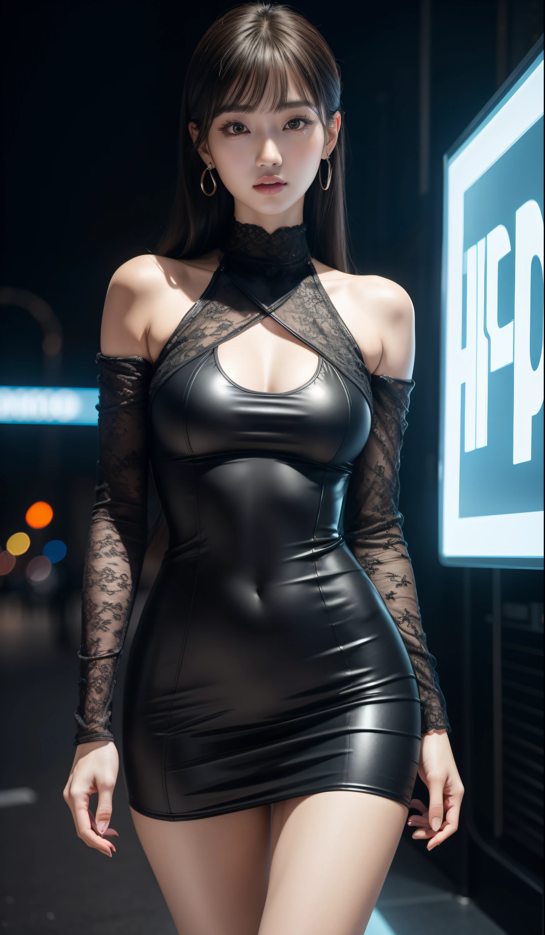 8K, Masterpiece, RAW photo, Best quality, detail:1.2),Photorealistic, Extremely detailed CG unifies 8K, 8K, Diamond, and wallpaper, Depth of field, Cinematic light, Lens flare, Ray tracing, (Extremely beautiful face, Beautiful lips, Beautiful eyes), intricate detail face, ((ultra detailed skin)) 1girll, Pretty Korean girl, Kpop idol,(slender fit body), ((view the viewer)), (bodycon minidress), (Injection sleeve) , background Night city, (neon lights), Pretty Korean girl, Earrings, Clear eyes, Walking , (Pale skin), (Big eyes), ((upperbody shots)), bodycon minidress, tight mini dress , yellow mini dress, single color dress, black choker, side shot, slim figure, healthy thighs, thigh gap