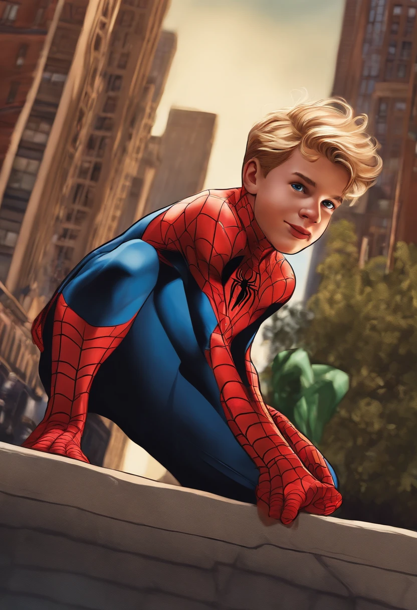 A boy in Spider-Man costume, (best quality, vivid colors), detailed eyes, detailed lips, realistic face, blonde hair, happy expression, outdoor setting, city background, dynamic pose, web-slinging action, vibrant colors, vibrant lighting, comic book style, dramatic shadows.