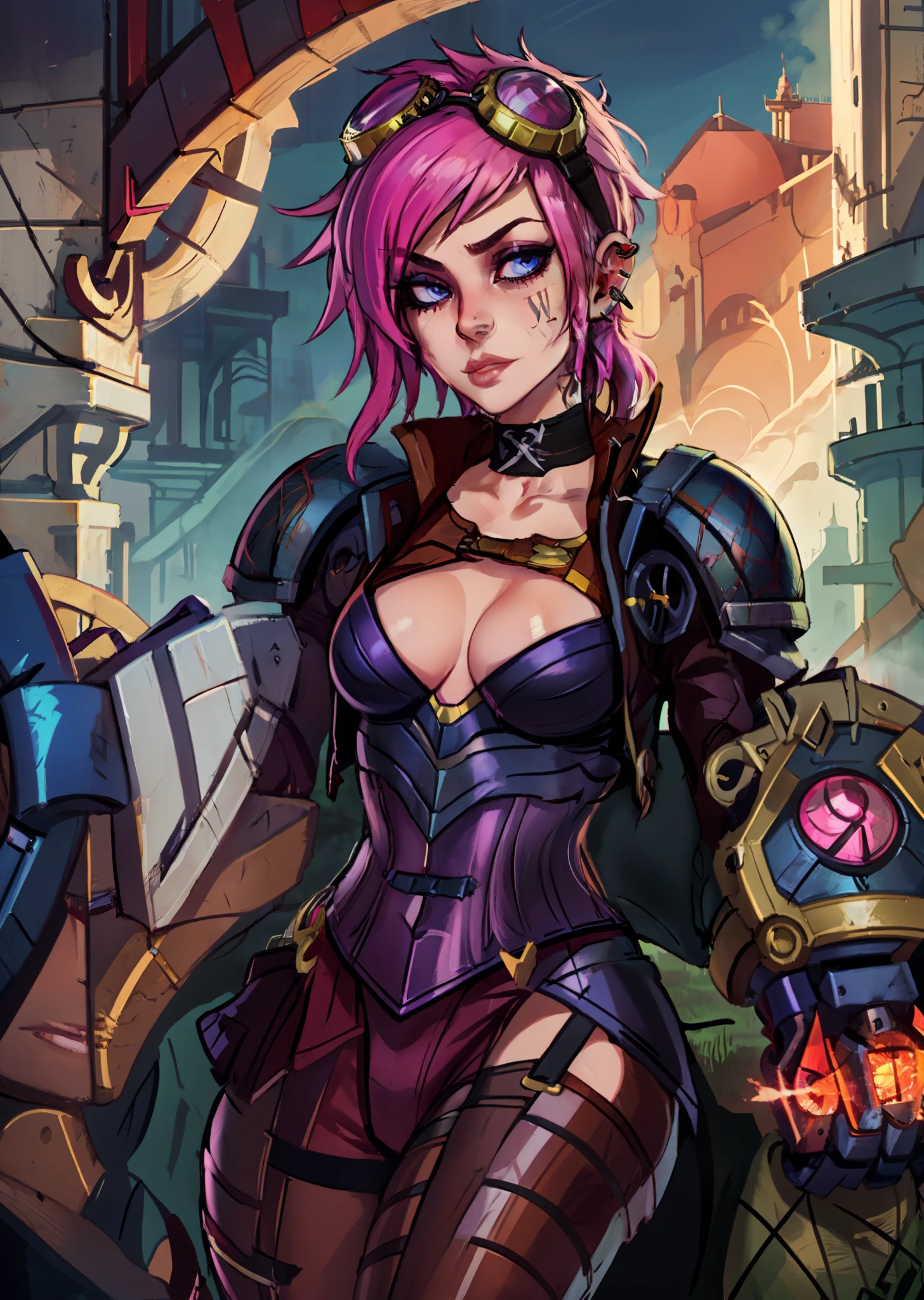 vi_tpa, 1girl, full armor, goggles on head, shoulder armor, ear piercing, from side, looking at viewer, outdoors, choker, highly detailed, masterpiece, best quality, face portrait, sexy