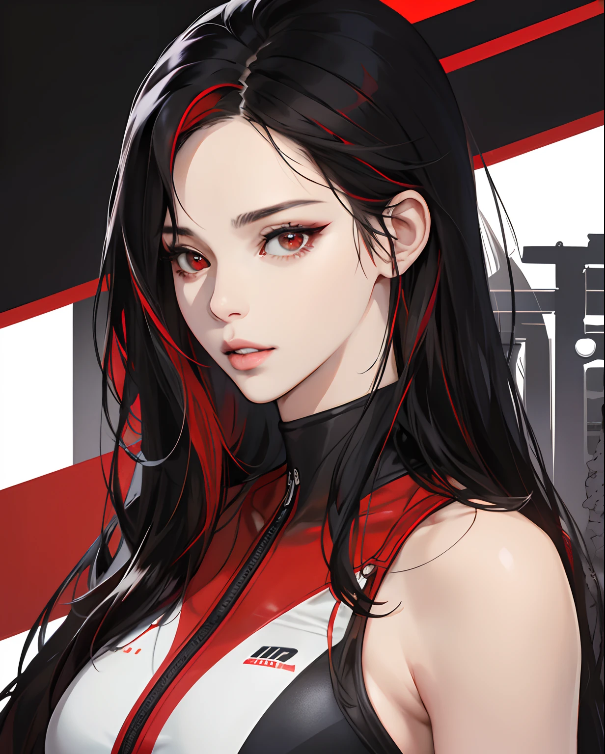 a cool,30-year-old woman with,Red highlights on black hair、Long Wave Hair,glareing,With keen eyes,Realistic illustration girl、独奏、Parted lips、see the beholder、Realistic skin texture delicately expressed in every detail、racer,Forehead,Red and black and white racing suit,circuit,