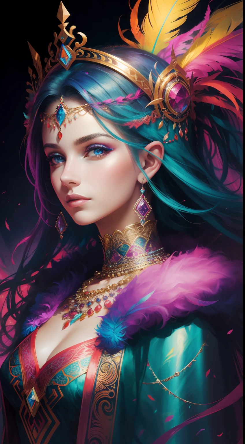 colorful portrait of a beautiful girl, vibrant colors, abstract elements, wearing a feather crown, fantasy style background, hyper realistic, bright lighting