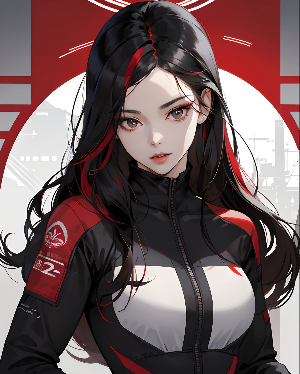 a cool，30-year-old woman with，Red highlights on black hair、Long Wave Hair，glareing，With keen eyes，Realistic illustration girl、独奏、Parted lips、see the beholder、Realistic skin texture delicately expressed in every detail、racer，Forehead，Red and black and white racing suit，circuit，