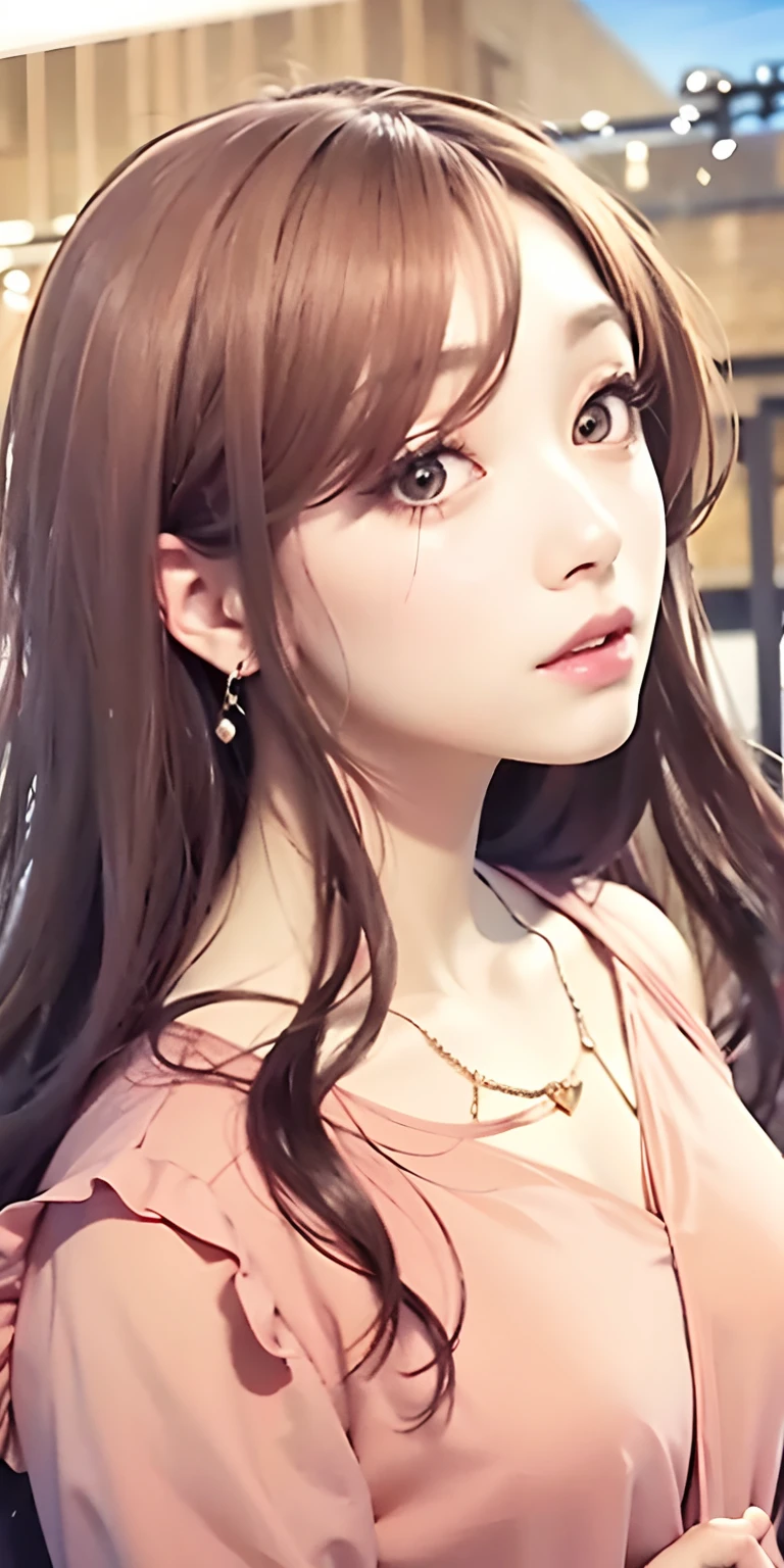 1gitl,brown hair long hair,pink clothes, necklace, earrings