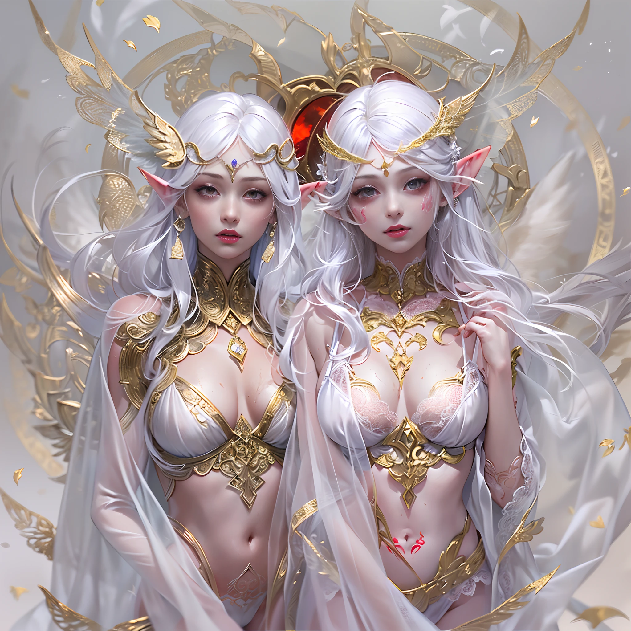 Sisters, Milky Way, Crescent Moon, Meteor Shower, Silver Hair, Feathered Angel Wings, Elven Ears, Transparent Finish, Realistic Body Lines, (((Many long white lace veils flutter in the wind))),((Red tattoo with womb under the navel))))), (Silk gold and silver lingerie), ((((Dirty crest)))