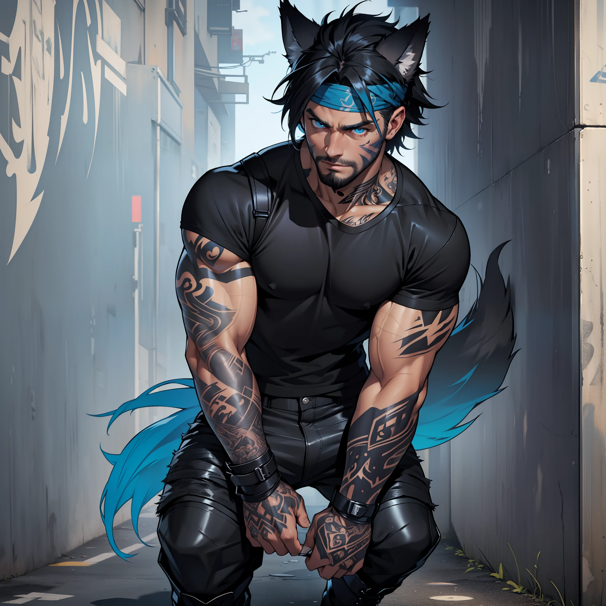masculine guy ((wearing black boots)), full body shot, getting ready to fight, short beard ((dark tanned skin)), bulge, short cropped ombre hair, ((has wolf ears)), ((has wolf tail)), smoky grunge punk graffiti, wearing leather pants, ((he is solo, he is alone)), has detailed glowing blue eyes, covered in ((blue tattoos)), wearing bandana and leather wrist bands, wearing a loose t-shirt, muscular thighs