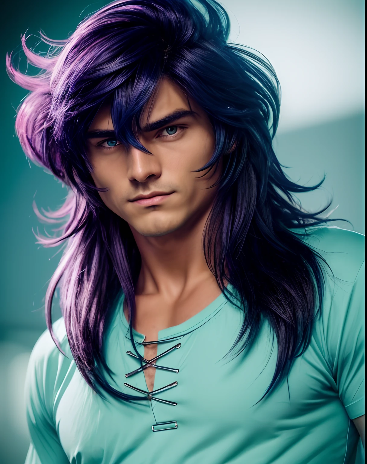 Cinematic stunningly detailed and ultra-realistic Milo Scorpio of Saint Seiya. Close up. He is wearing a light blue t-shirt. Octane is the perfect tool to capture the softest details of this 16k photography masterpiece. He is a handsome caucasian man about 30 years old. 1boy. Beautiful face. Detailed face. Beautiful nose. ((Pretty big turquoise eyes)). Perfect eyes. Defined eyes. Shaved. He has blue long hair. Messy hair. ((Shaved)). . He is staring his enemy.