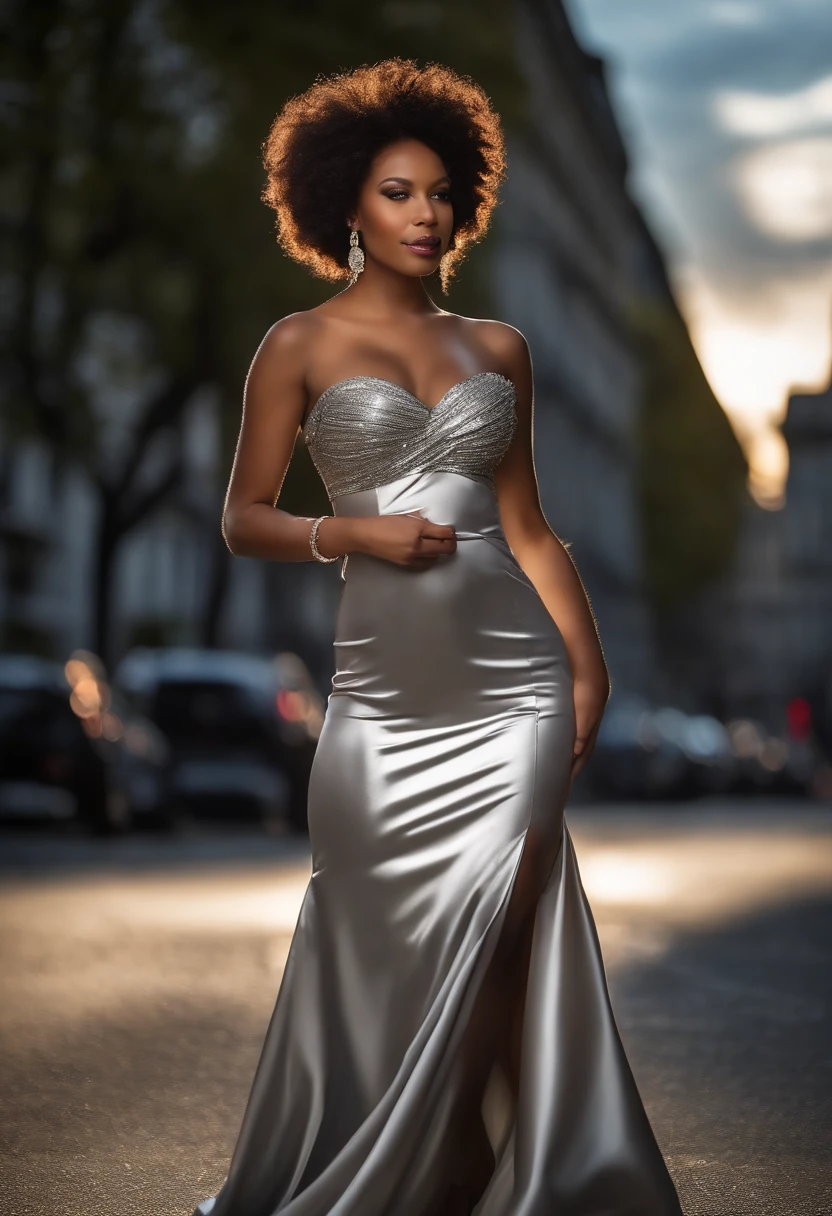 belle, attractif, African with deStormiMaya, (mise au point nette:1.2), Stormi Maya, partrait, Seductive Fdansme, (beau visage:1.1), detailled eyes, Delicious lips, (eyeliner:1.2), (mascara), (Afro black luxueuse:1.3), (encolure:1,0), ((Dressed in a silver satin dress, Sans manches:1,3)), (deep neckline, Rideaux sur la poitrine, Revealing clothing, Rideau de bassin, jambe haute, Robe dos nu,:1,2), dans (Un trottoir dans une ville: 1.2). (Warm sunset lighting: 1,2), profondeur de champ, Bokeh, 4K, Hdr. par (Jacques C. Christensen:1.2 | Jerdansy Lipking:1.1),