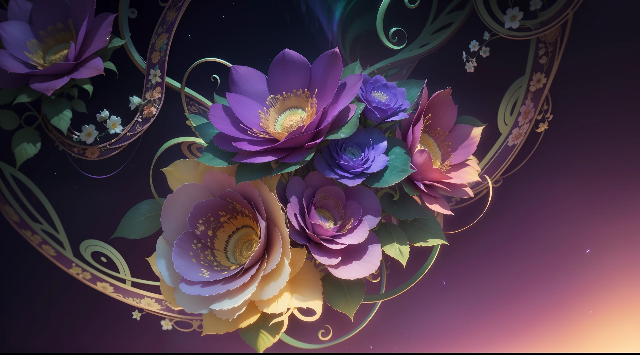 Gorgeous patterns and abstract flowers and vines, Gold and rainbow colors, Southern Aurora, purple, teal, Soft pink, Intricate pattern, Maya rendering, Maximum detail, hyper HD, 32k realistic, hdr, high octane render