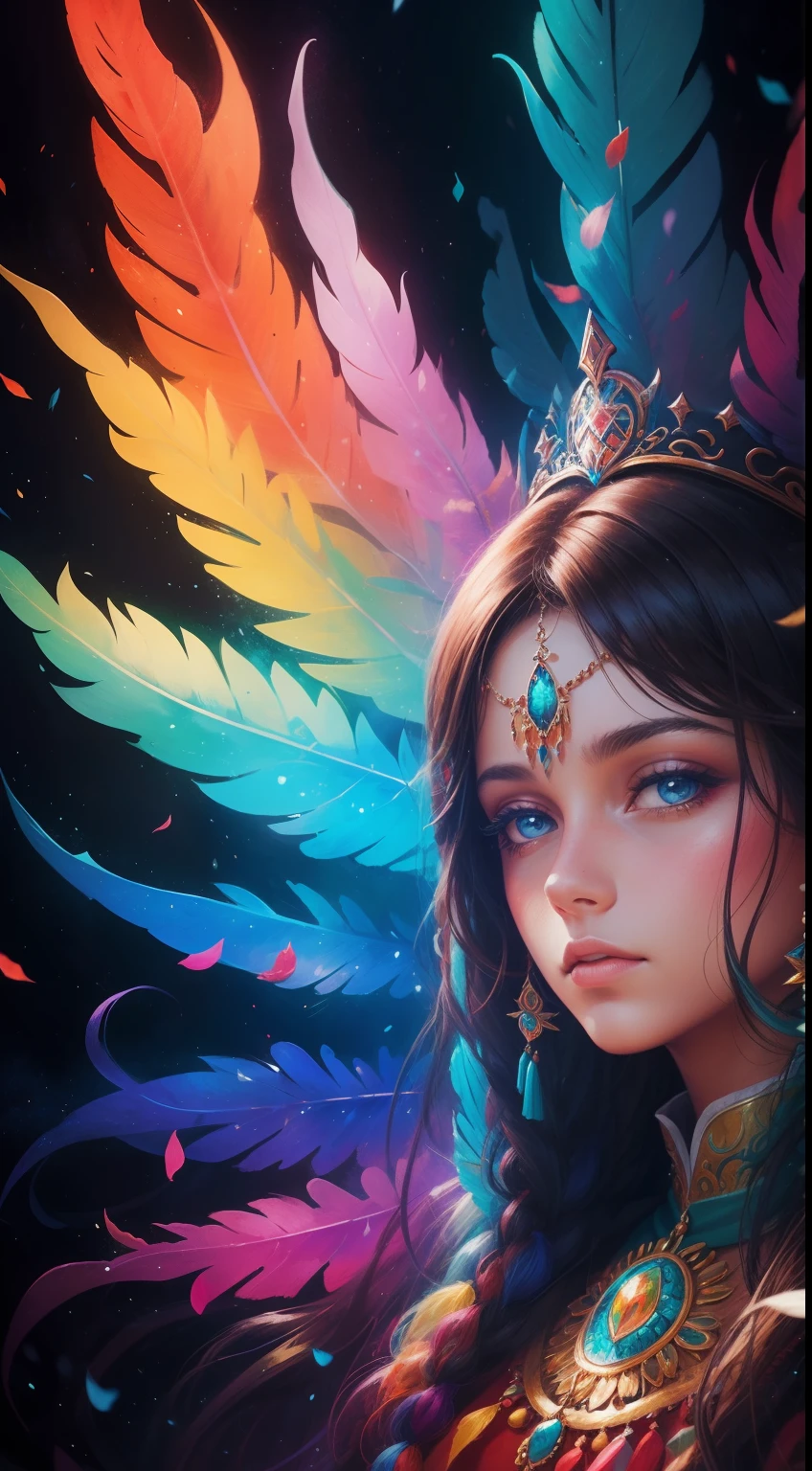 Retrato colorido de una hermosa muchacha, colores vibrantes, Elementos abstractos, Llevar una corona de plumas, Fantasy style background, hiperrealista, bright illumination