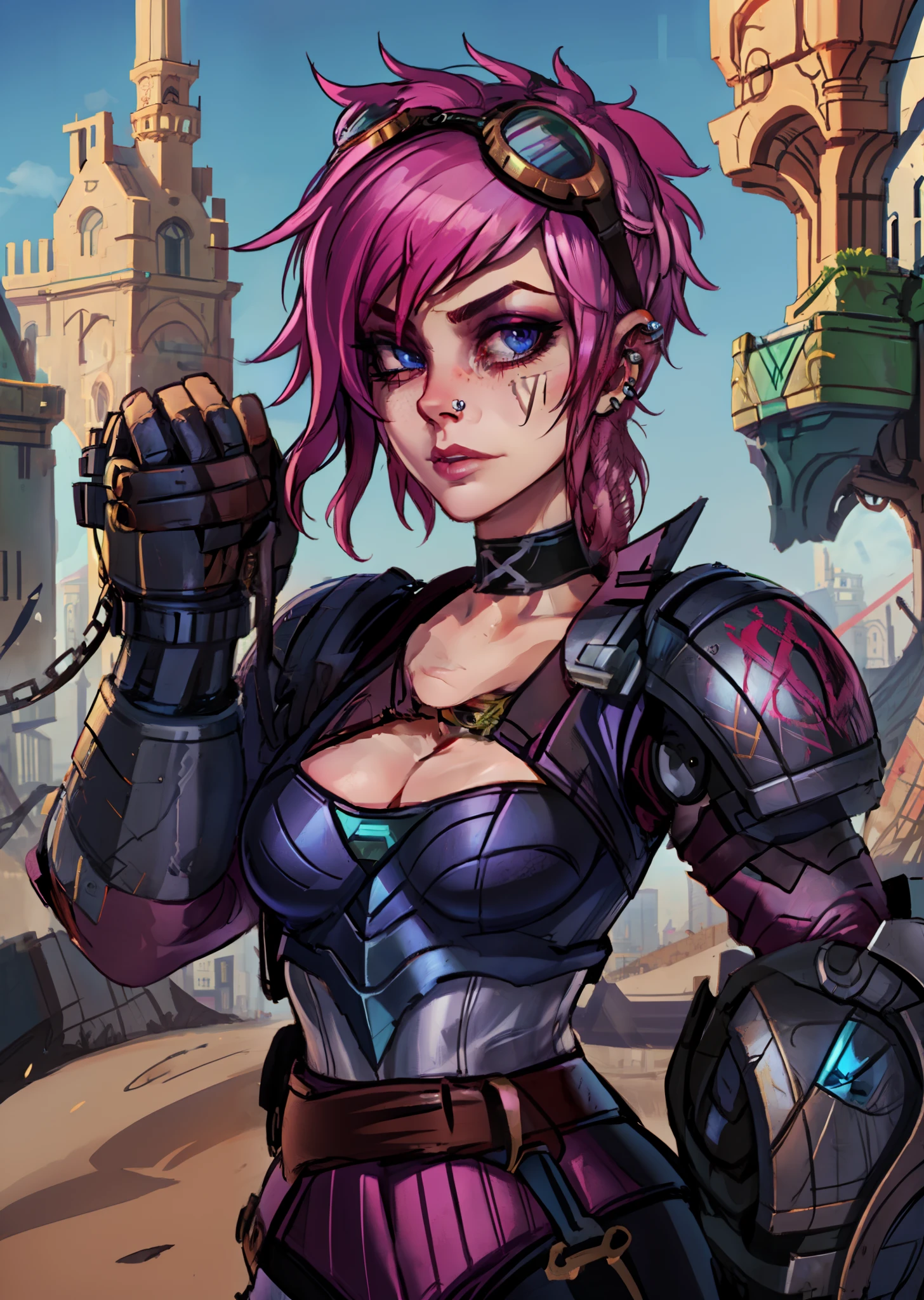 vi_tpa, 1girl, full armor, goggles on head, shoulder armor, ear piercing, from side, looking at viewer, outdoors, choker, highly detailed, masterpiece, best quality, face portrait