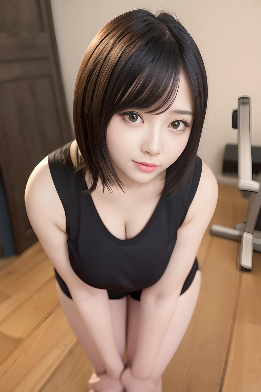 masterpiece, best quality, ultra-detailed, kawaii, cute, lovely, sexy, ero, extremely detailed, 4K, 8K, best quality, beautiful, full body focus, in the room, a cute girl, 1girl, solo, gym shorts, beautiful black hair, beautiful brown eyes, beautiful eyes, short hair, large breast, ashamed