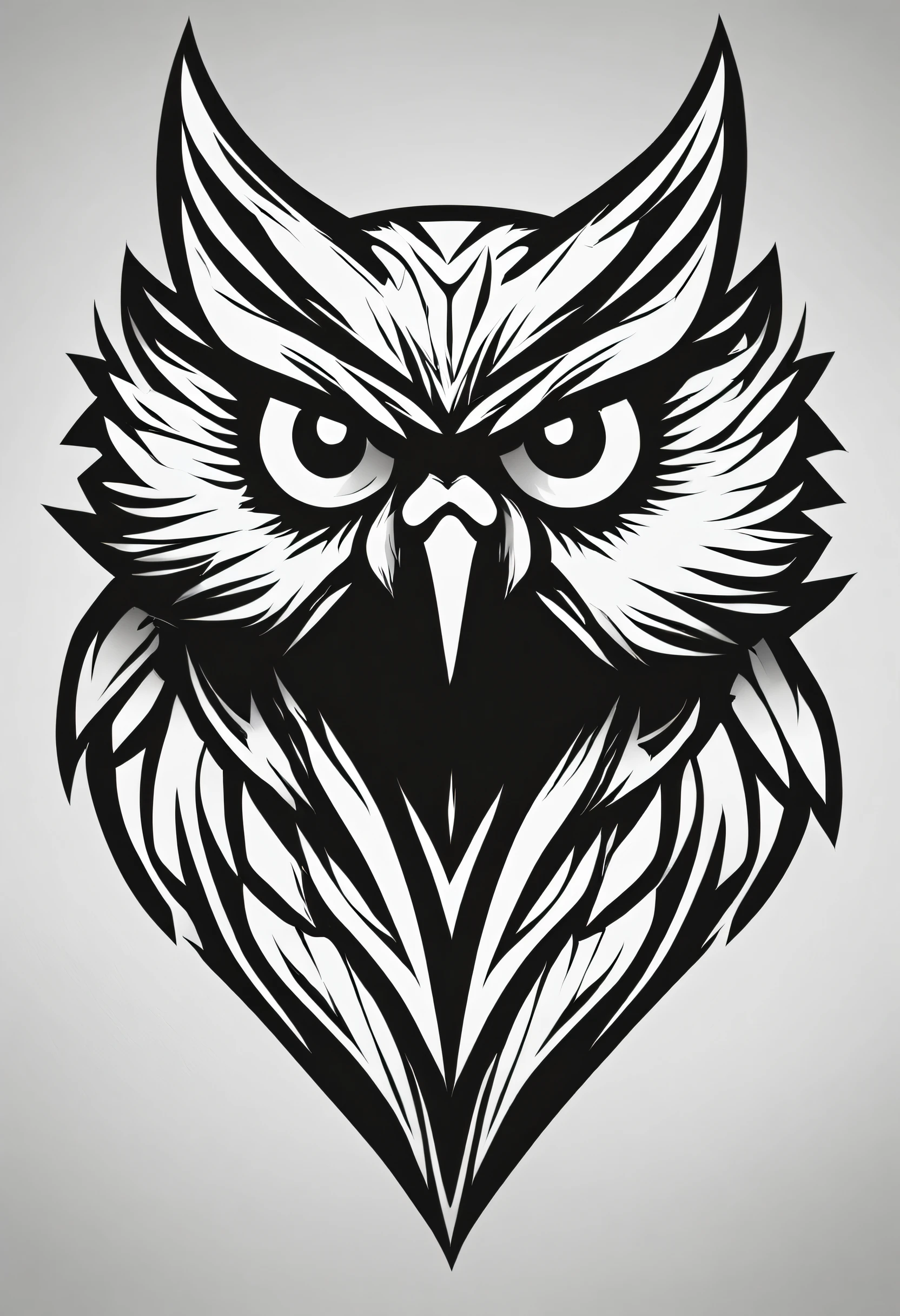 Create a simple company logo featuring an angry owl monster mascot. The logo should have a fierce and bold appearance, with the owl's face in the center. Use a vector art style, keep it simple with a black design against a white background, and ensure the owl is facing forward to evoke a sense of determination and strength. Would like to have a square shape
