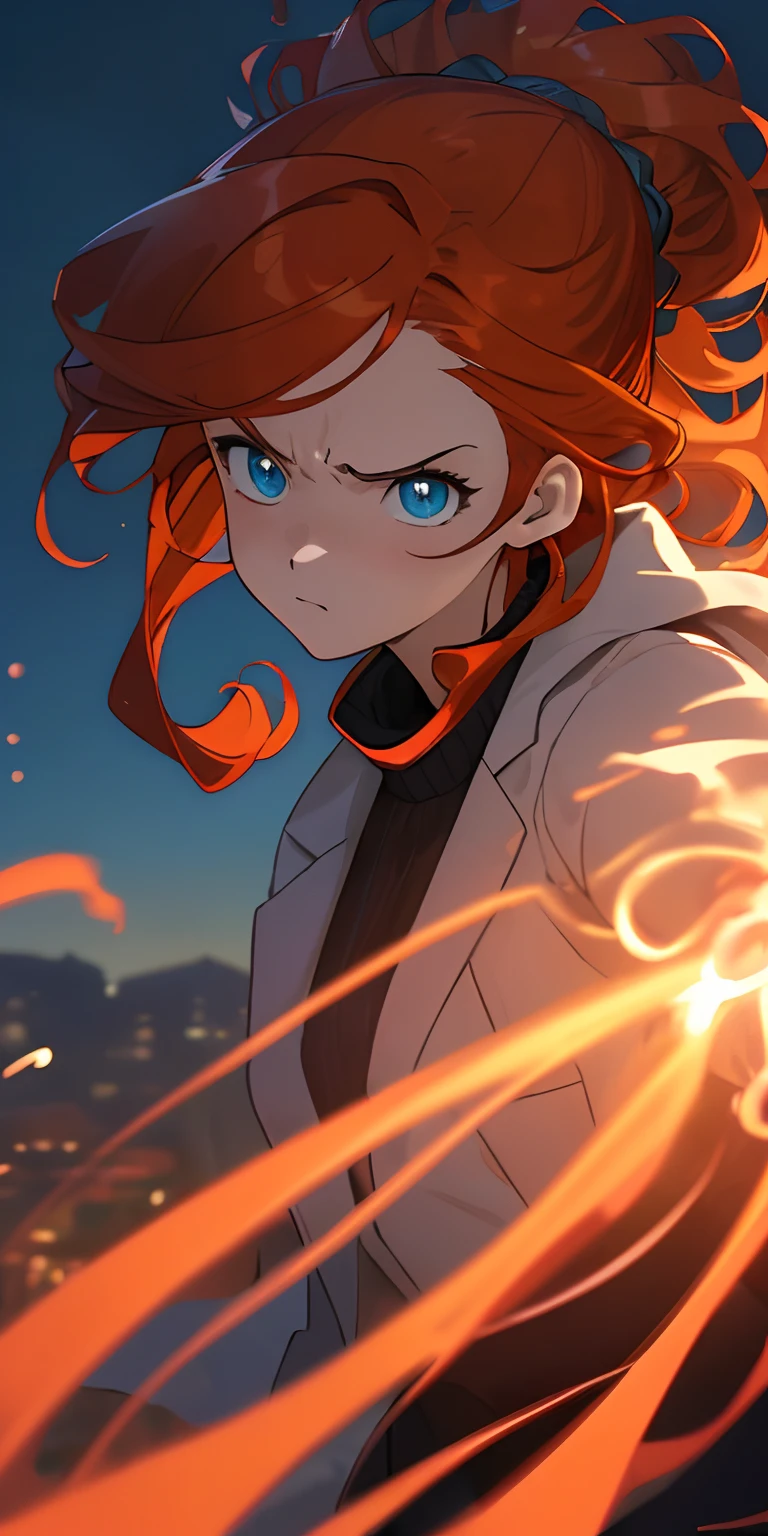 \((high quality)), ((masterpiece)), 8k, extremely detailed CG unity 8k wallpaper, game cg, beautiful detailed eyes,1girl, anime style, vibrant colors, landscape, laboratory background, chemistry, scientist, scientific, a confident, ginger-haired woman in her late twenties.lab jacket, fierce blue eyes, serious, irritated, ginger-haired,confident expression,blue eyes,ginger hair in a half updo