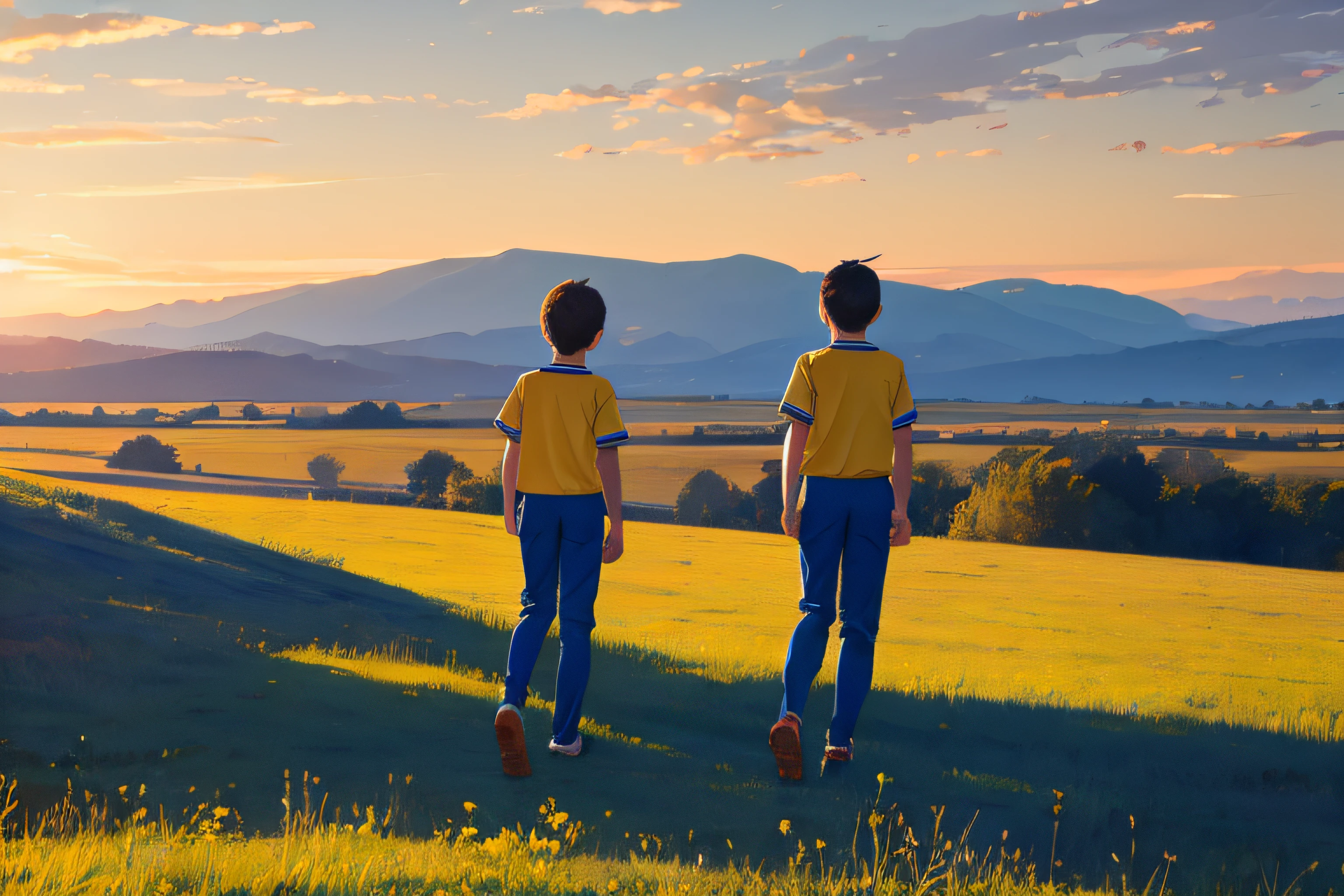 Landscape showing in the distance two students of about ************ with school uniform, yellow t-shirt and long blue pants