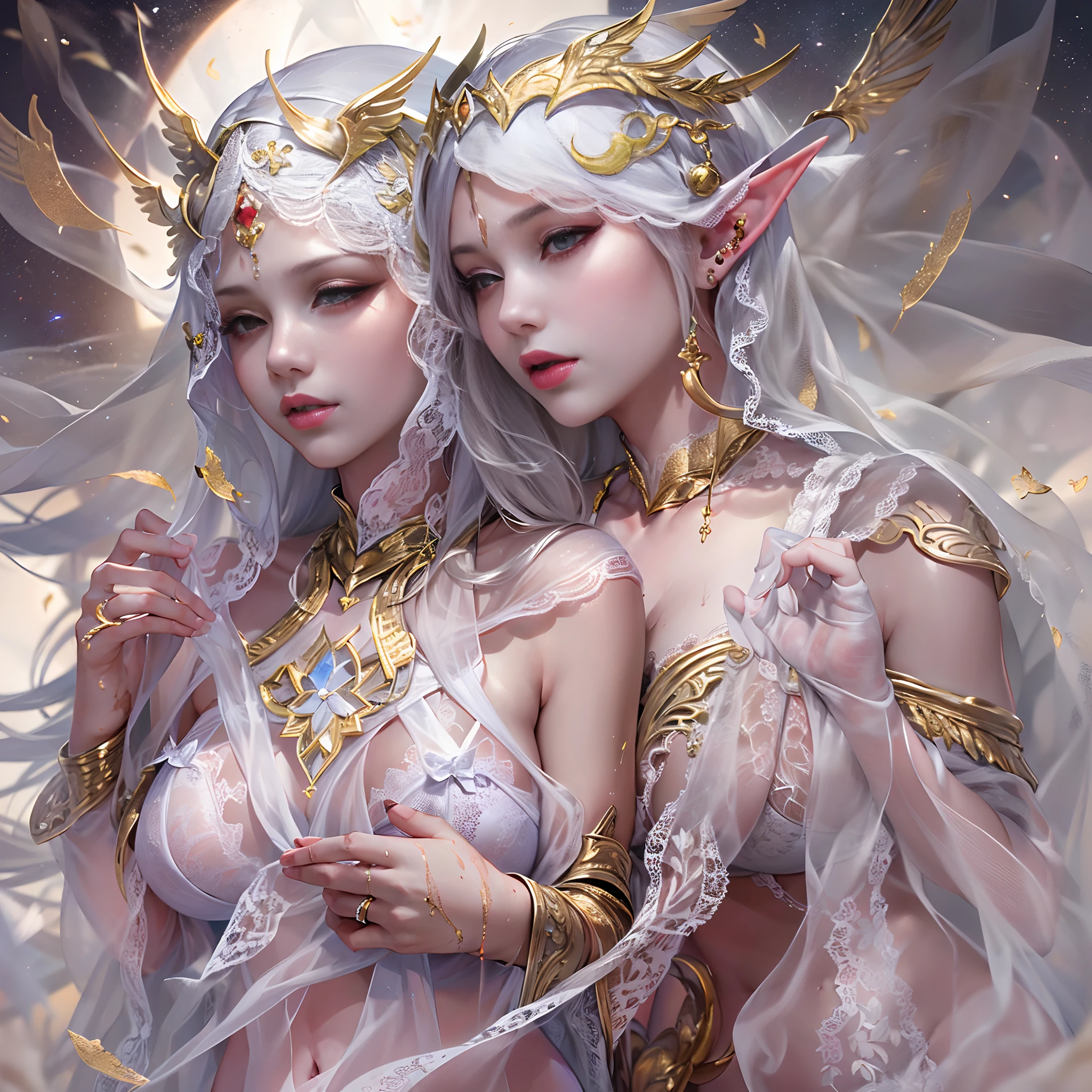 Sisters, Milky Way, Crescent Moon, Meteor Shower, Silver Hair, Feathered Angel Wings, Elven Ears, Transparent Finish, Realistic Body Lines, (((Many long white lace veils flutter in the wind))),((Red tattoo with womb under the navel))))), (Silk gold and silver lingerie), ((((Dirty crest)))
