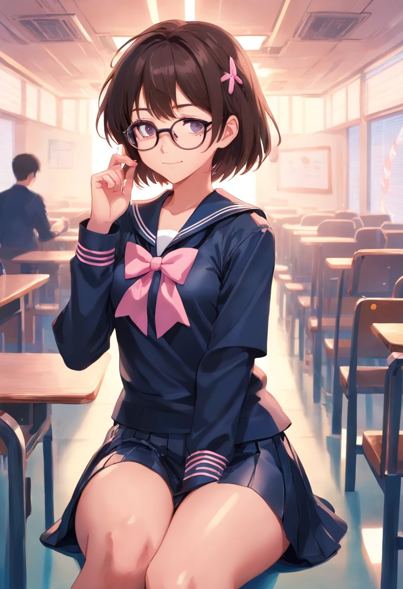 (best quality), 1girl, black latex thighhighs, latex gloves, school uniform, ((black latex sailor uniform)), brown hair, long hair, ((small breasts)), (flat colors), ((smug)), ((round glasses)), legs splayed, sitting, ((pink)) skirt trim, ((knee-length skirt)), smiling, (((simple background)))