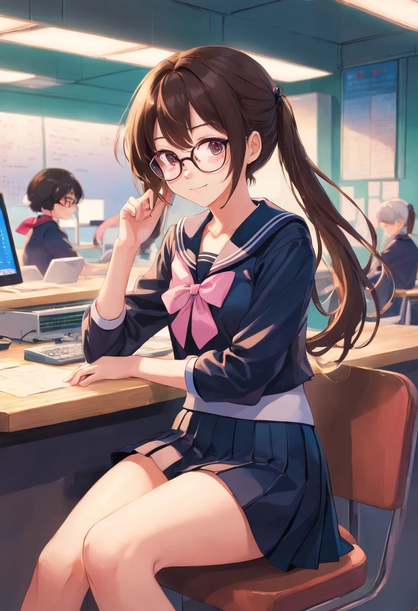 (best quality), 1girl, black latex thighhighs, latex gloves, school uniform, ((black latex sailor uniform)), brown hair, long hair, ((small breasts)), (flat colors), ((smug)), ((round glasses)), legs splayed, sitting, ((pink)) skirt trim, ((knee-length skirt)), smiling, (((simple background)))