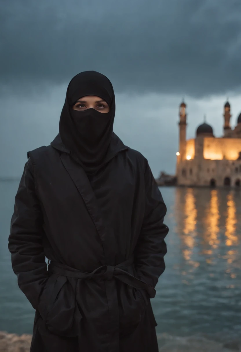 Real 100%, Realiste, homme, Face hidden, yeux flash rouge, cagoule noir , jacket noir, fond ocean , derriere une fille a genoux , avec de l'argent par terre, 1920 x 1080p, mode paysage, Mosque, Flaming Boat, cagoule noir, pantalon noir
