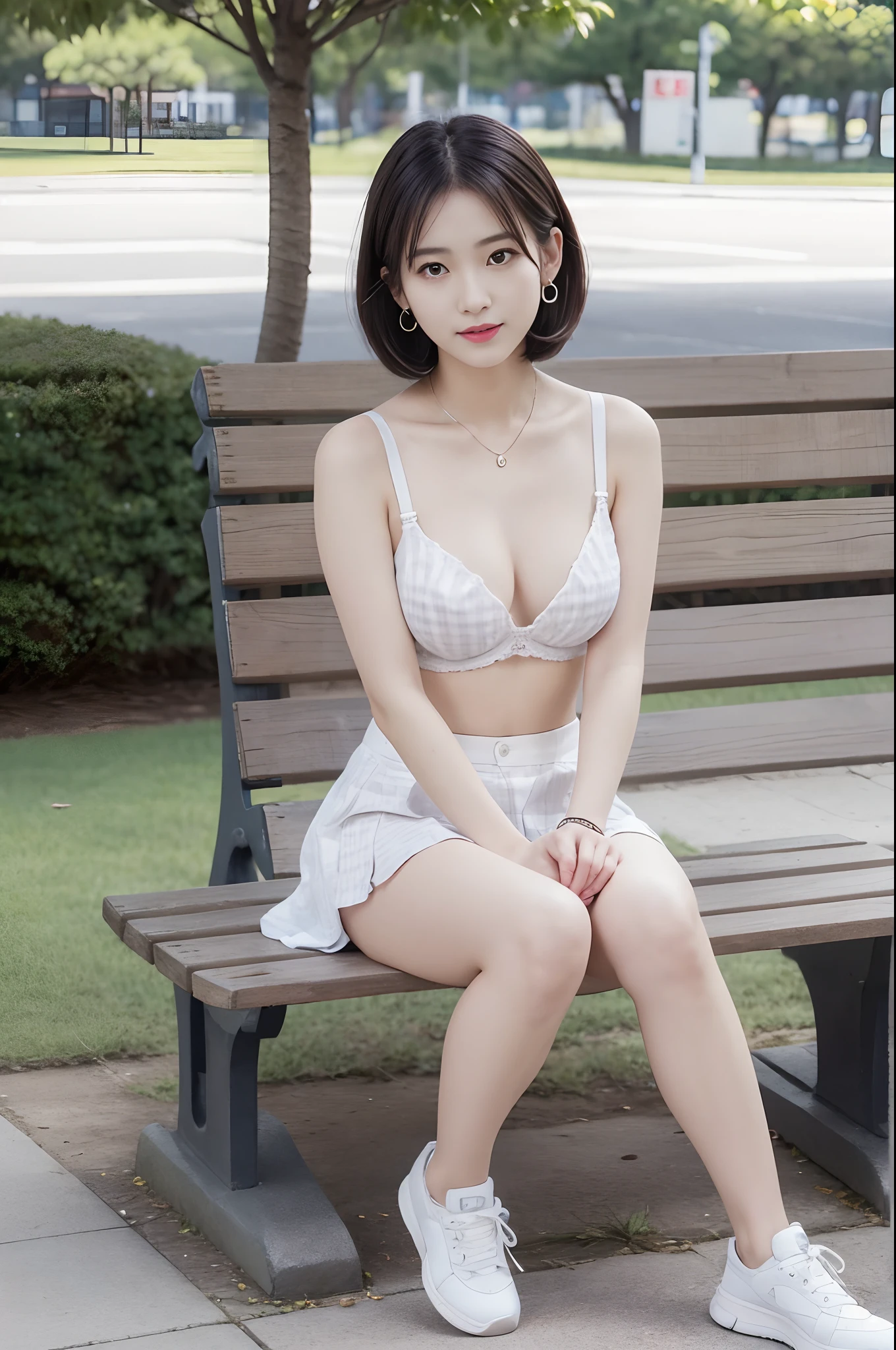 (((nffsw))), (((masutepiece))), (((8K))), (((hight resolution))), (((photographrealistic))), god rays, Zoom Layer, (((FULL BODYSHOT))), F/4.0, canon, Shiny skin,Detailed skin,Detailed face, Detailed eyes, Young Face, Cute Japan idol, No top, Posing in a city park, Short bob hair, Upper body with exposed bra, White ruffled bra, Gingham check miniskirt, tiny chest , Heart Earrings, A bracelet, Casual sneakers, Everyday sights, sunny sky, park bench