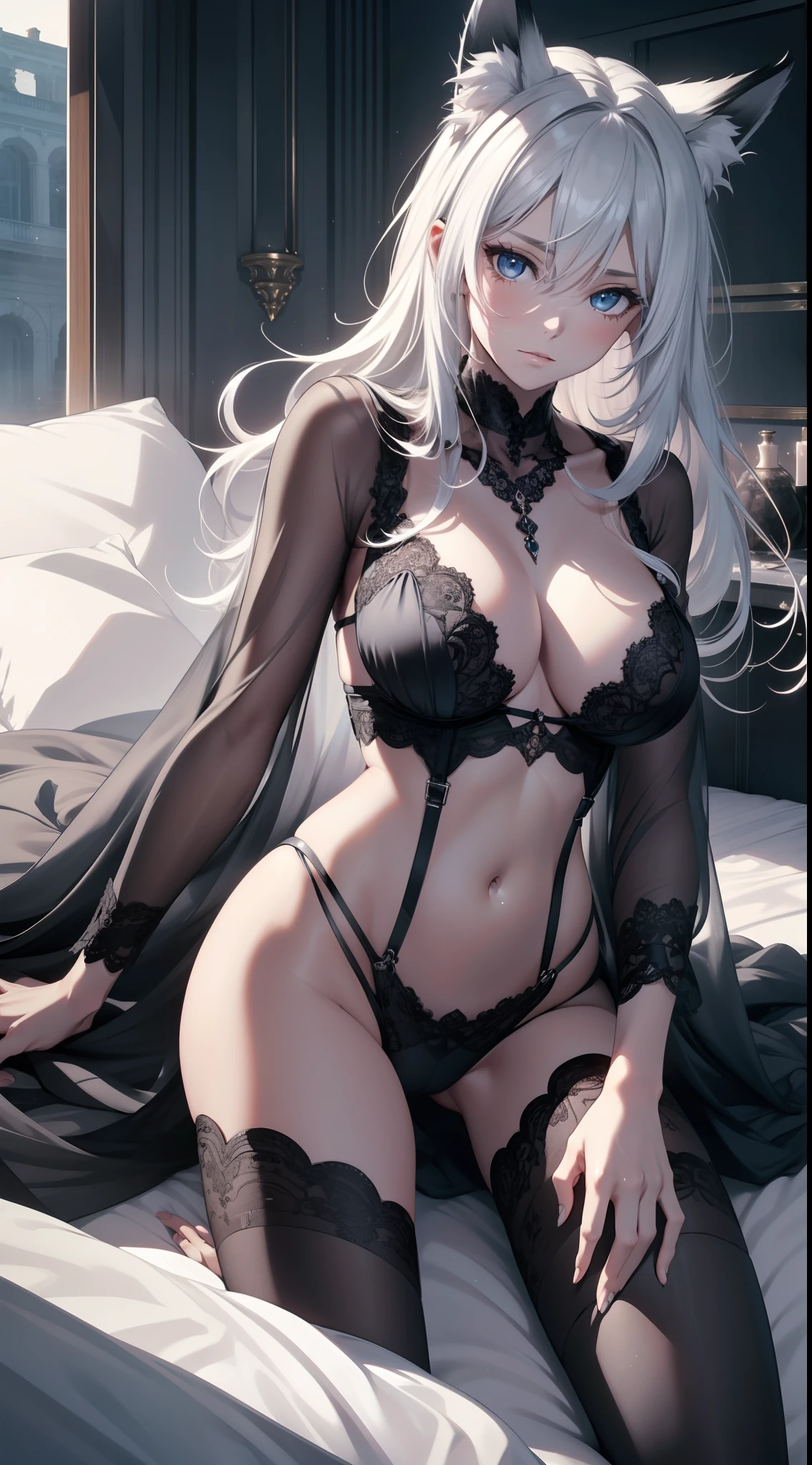 bed room, full bodyesbian, masterpiece, (bend at the waist, bend down and look at viewer:1.2), Best quality at best, official art, Very detailed CG 8k wallpaper, (flying petal)(Detailed ice), Crystal texture of the skin, Grim expression, (fox ear), white hair, long white hair, messy  hair, eBlue eyes, Medium breasts, looking at viewer, Hands are truly optimized, The foot is truly and reasonably optimized, very fine and beautiful, A high resolution, Underwear lace (transparent pubic hair, Silky), Navel-baring, Sling pajamas black silk (transparent pubic hair, Silky), Strangle leg rings, close-up on legs, Unilateral ponytail with white hair, Flushed face, Lie down, Background bed, water stain (Close up of transparent water stains), lots of resolution, Close-up of the hand, The lines are clear and realistic, photograph realistic, best quality, tmasterpiece, Extremely refined and beautiful, extremely details, CG 8K, Amazing Cleavage, finely detailed, tmasterpiece, Best quality at best, extremely detailed CG unity 8k wallpaper,