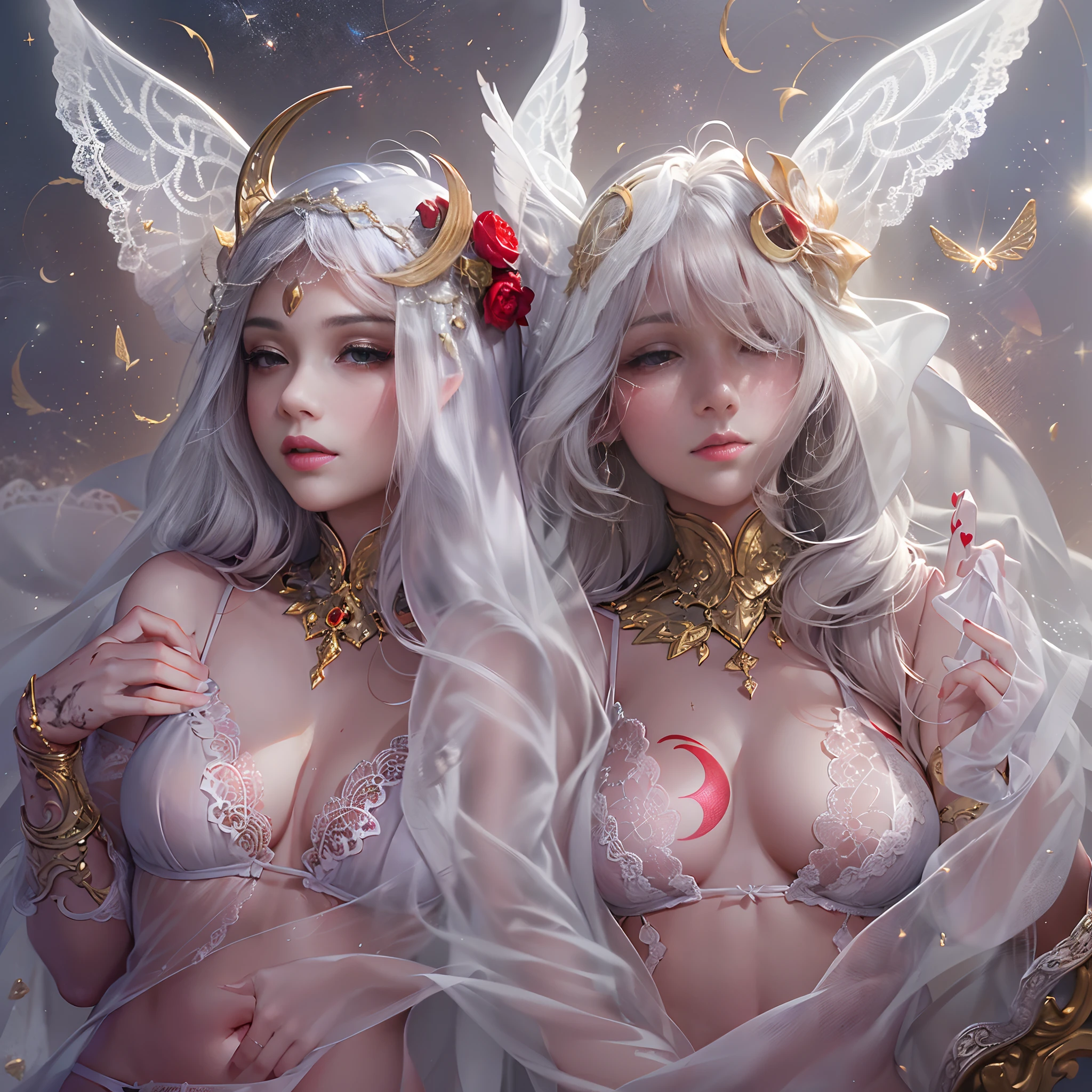 Sisters, Milky Way, Crescent Moon, Meteor Shower, Silver Hair, Feathered Angel Wings, Elven Ears, Transparent Finish, Realistic Body Lines, (((Many long white lace veils flutter in the wind))),((Red tattoo with womb under the navel))))), (Silk gold and silver lingerie), ((((Dirty crest)))