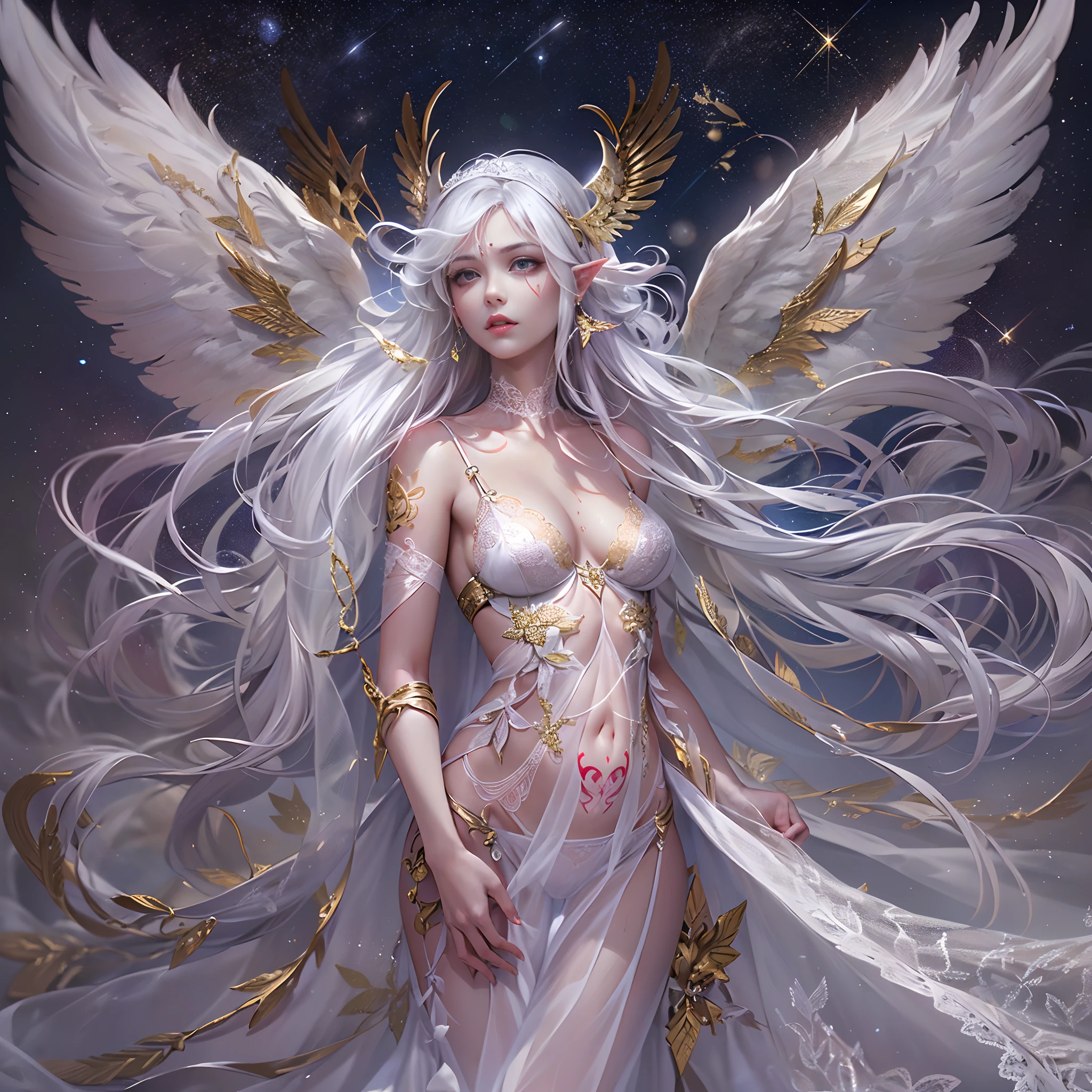 Sisters, Milky Way, Crescent Moon, Meteor Shower, Silver Hair, Feathered Angel Wings, Elven Ears, Transparent Finish, Realistic Body Lines, (((Many long white lace veils flutter in the wind))),((Red tattoo with womb under the navel))))), (Silk gold and silver lingerie), ((((Dirty crest)))