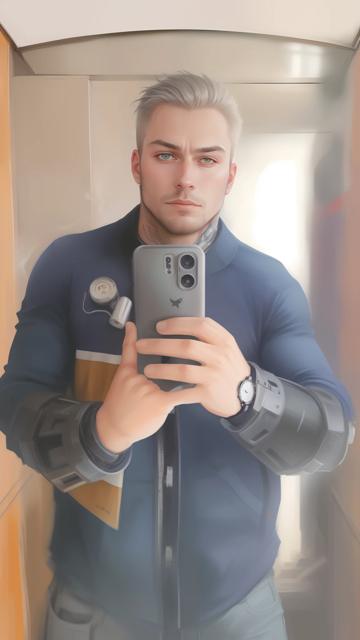 A cybernetic man in the range of 27 years old, muscular stereotype, with cowboy hat (mechanical parts: 1.5), fighting, bright eyes, short hair, tight supersuit torn, in a destroyed city, smoke and fire, aura of brilliant power, dynamic pose, dynamic vision, hyper detailed, 8k quality, with tattoo on the arm, mechanical roman watch on the chest, merge images,  hyper realism. Enjoy original photo base, mechanical and human bust. With gray goatee and gray hair.