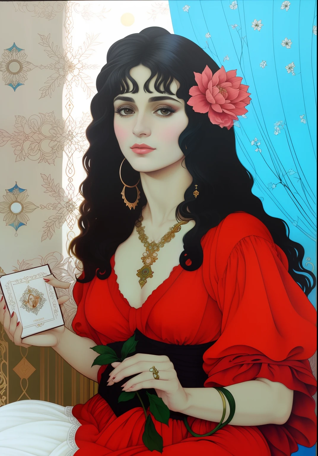 pintura realista rica em detalhes de uma mulher rosto realista muito detalhada , olhos detalhados , cabelos realista cheio de detalhaes em um vestido vermelho cigano segurando uma Rosa realista , cigano, Directed by: Benjamin Marra, 7 0 s arte vintage, Directed by: Chica Macnab, Arte do Tarot, Inspirado em Mucha, adivinho, No estilo de Alphonse Mucha, Directed by: Edna Mann, pintura de uma mulher, Directed by: Bouchta El Hayani, Directed by: Yvonne Jacquette