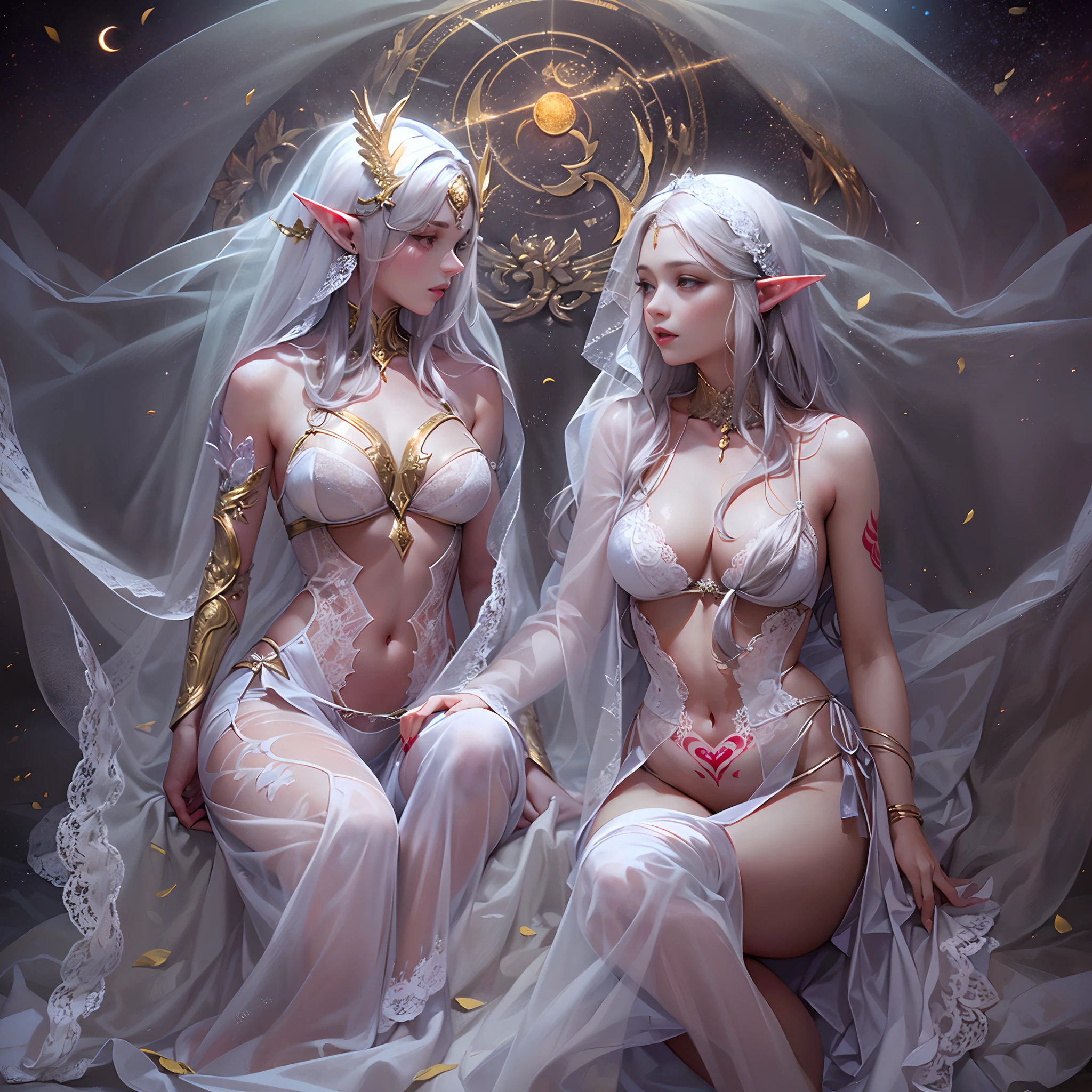 Sisters, Milky Way, Crescent Moon, Meteor Shower, Silver Hair, Feathered Angel Wings, Elven Ears, Transparent Finish, Realistic Body Lines, (((Many long white lace veils flutter in the wind))),((Red tattoo with womb under the navel))))), (Silk gold and silver lingerie), ((((Dirty crest)))