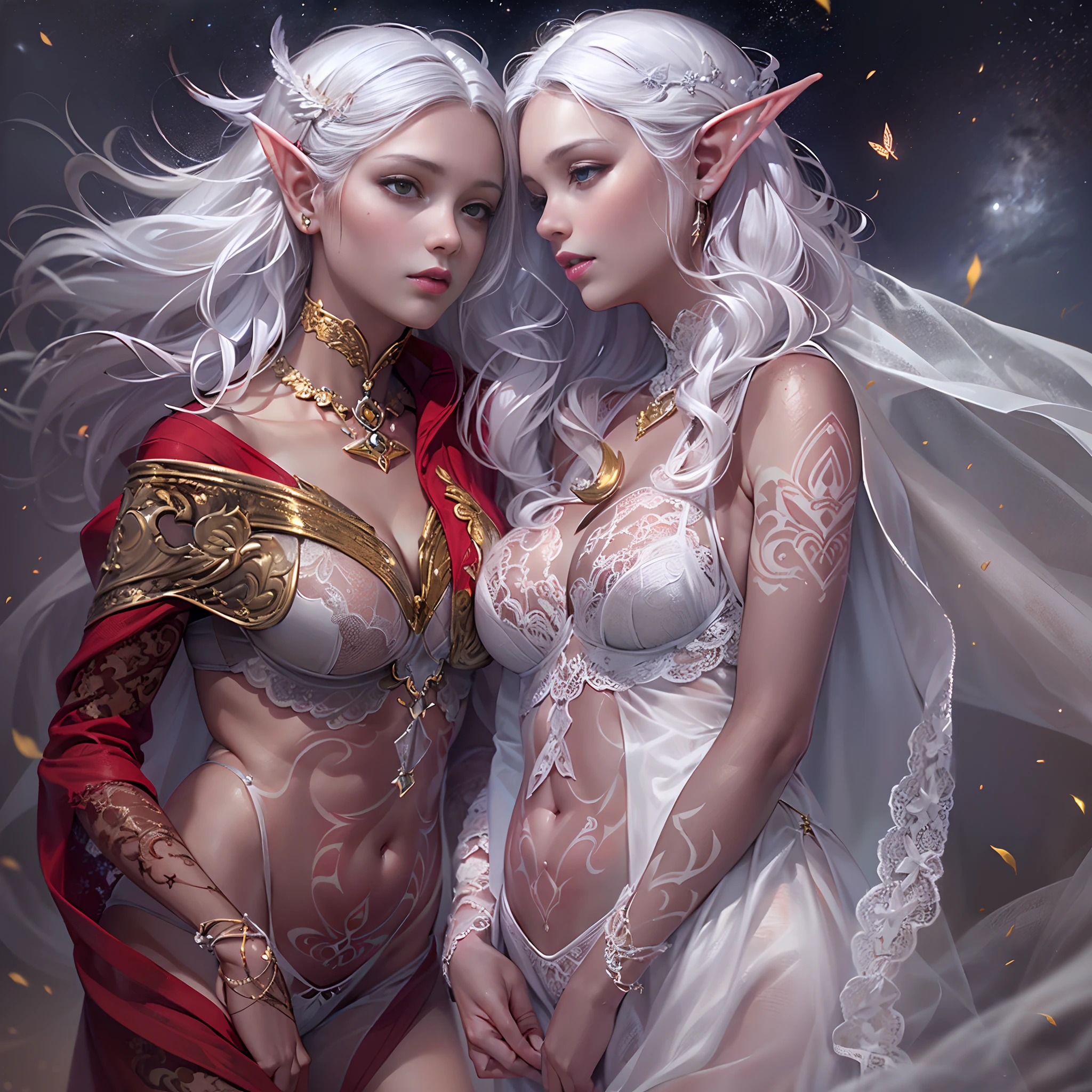 Sisters, Milky Way, Crescent Moon, Meteor Shower, Silver Hair, Feathered Angel Wings, Elven Ears, Transparent Finish, Realistic Body Lines, (((Many long white lace veils flutter in the wind))),((Red tattoo with womb under the navel))))), (Silk gold and silver lingerie), ((((Dirty crest)))