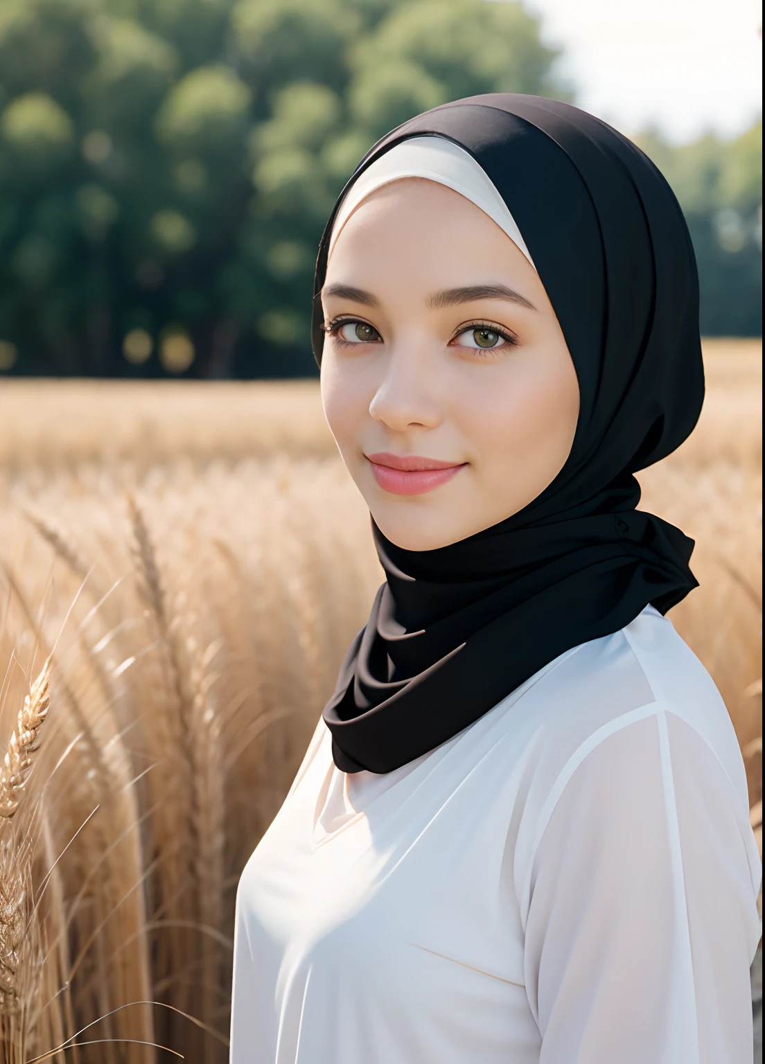 1girl, 20 years old, tall and attractive, wearing a cute country dress, hair braided, standing in a rustic farm setting. She has a soft, gentle smile and expressive eyes. In the background are charming barns, golden wheat fields and clear blue skies. The composition should be bathed in warm golden hour light, with soft depth of field and soft bokeh to accentuate the idyllic tranquility. Capture images as if they were shot on vintage 35mm film for added oomph, filmg, (((wearing a black hijab)))