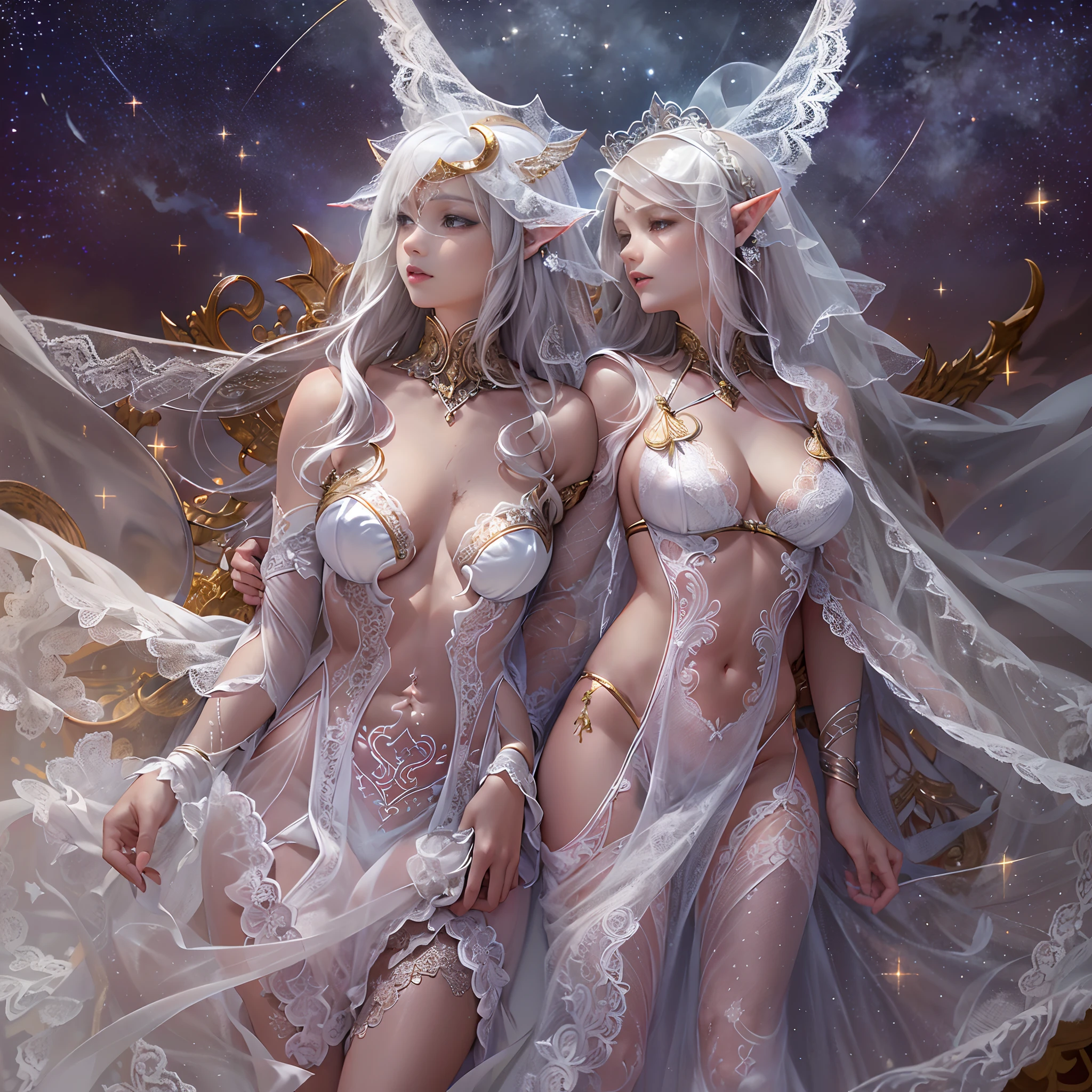Sisters, Milky Way, Crescent Moon, Meteor Shower, Silver Hair, Feathered Angel Wings, Elven Ears, Transparent Finish, Realistic Body Lines, (((Many long white lace veils flutter in the wind))),((Red tattoo with womb under the navel))))), (Silk gold and silver lingerie), ((((Dirty crest)))