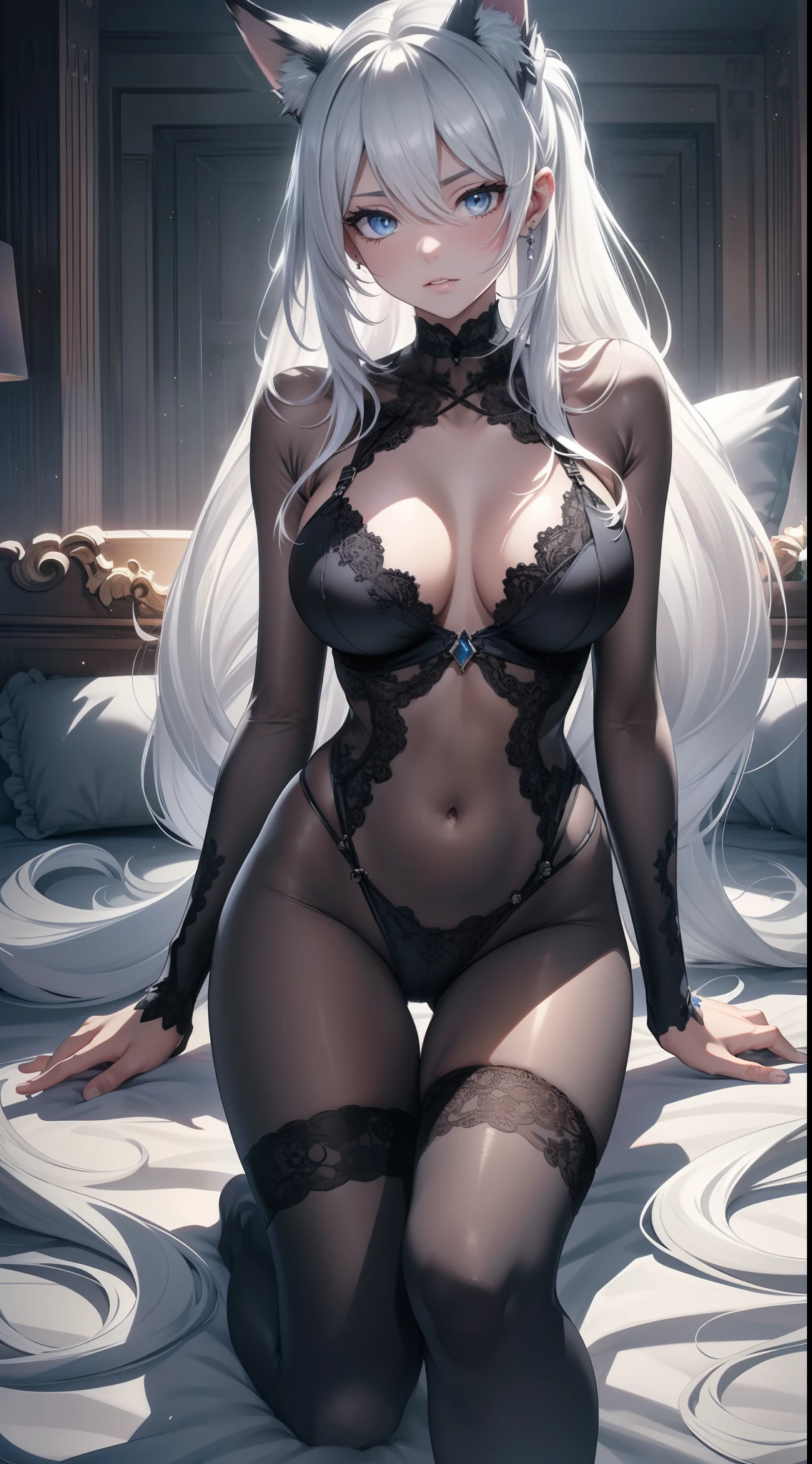 bed room, full bodyesbian, masterpiece, (bend at the waist, bend down and look at viewer:1.2), Best quality at best, official art, Very detailed CG 8k wallpaper, (flying petal)(Detailed ice), Crystal texture of the skin, Grim expression, (fox ear), white hair, long white hair, messy  hair, eBlue eyes, Medium breasts, looking at viewer, Hands are truly optimized, The foot is truly and reasonably optimized, very fine and beautiful, A high resolution, Underwear lace (transparent pubic hair, Silky), Navel-baring, Sling pajamas black silk (transparent pubic hair, Silky), Strangle leg rings, close-up on legs, Unilateral ponytail with white hair, Flushed face, Lie down, Background bed, water stain (Close up of transparent water stains), lots of resolution, Close-up of the hand, The lines are clear and realistic, photograph realistic, best quality, tmasterpiece, Extremely refined and beautiful, extremely details, CG 8K, Amazing Cleavage, finely detailed, tmasterpiece, Best quality at best, extremely detailed CG unity 8k wallpaper,