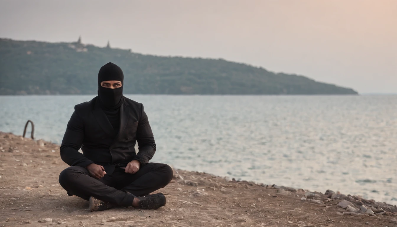 - Personnage : A man whose face is hidden by a black balaclava.
- Le personnage porte une veste noire.
- Les yeux du personnage brillent en rouge.
- Le personnage porte un pantalon noir.
-Background : An ocean background.
- Au premier plan, The motorcycle is broken into two pieces.
- Roses are scattered on the ground.
-Resolution : 1920 x 1080 pixels en mode paysage.
-background, A mosque is visible.
- A boat is burning on the water.