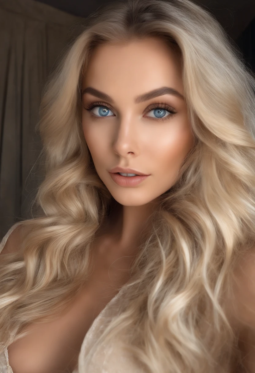 Arafed Full Woman, naked on bedSexy Girl with Blue Eyes, , Ultra Realistic, Meticulously Detailed, Portrait of Sophie Mudd, Blonde Hair and Big Eyes, Selfie of a Young Woman, Bedroom Eyes, Violet Myers, No Makeup, Natural Makeup, Looking Directly at the Camera, face artgram, subtle make-up, Impressive photo of the whole body, In the bedroom, Medium and large size chest, allowing the face to be seen clearly, portrait,