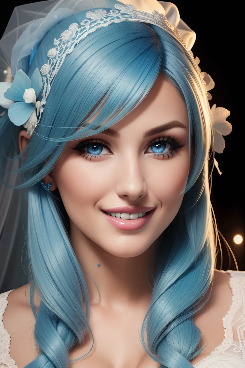 lucy pinder, face portrait, sky blue hair, sky blue lipstick, smiling, bride.