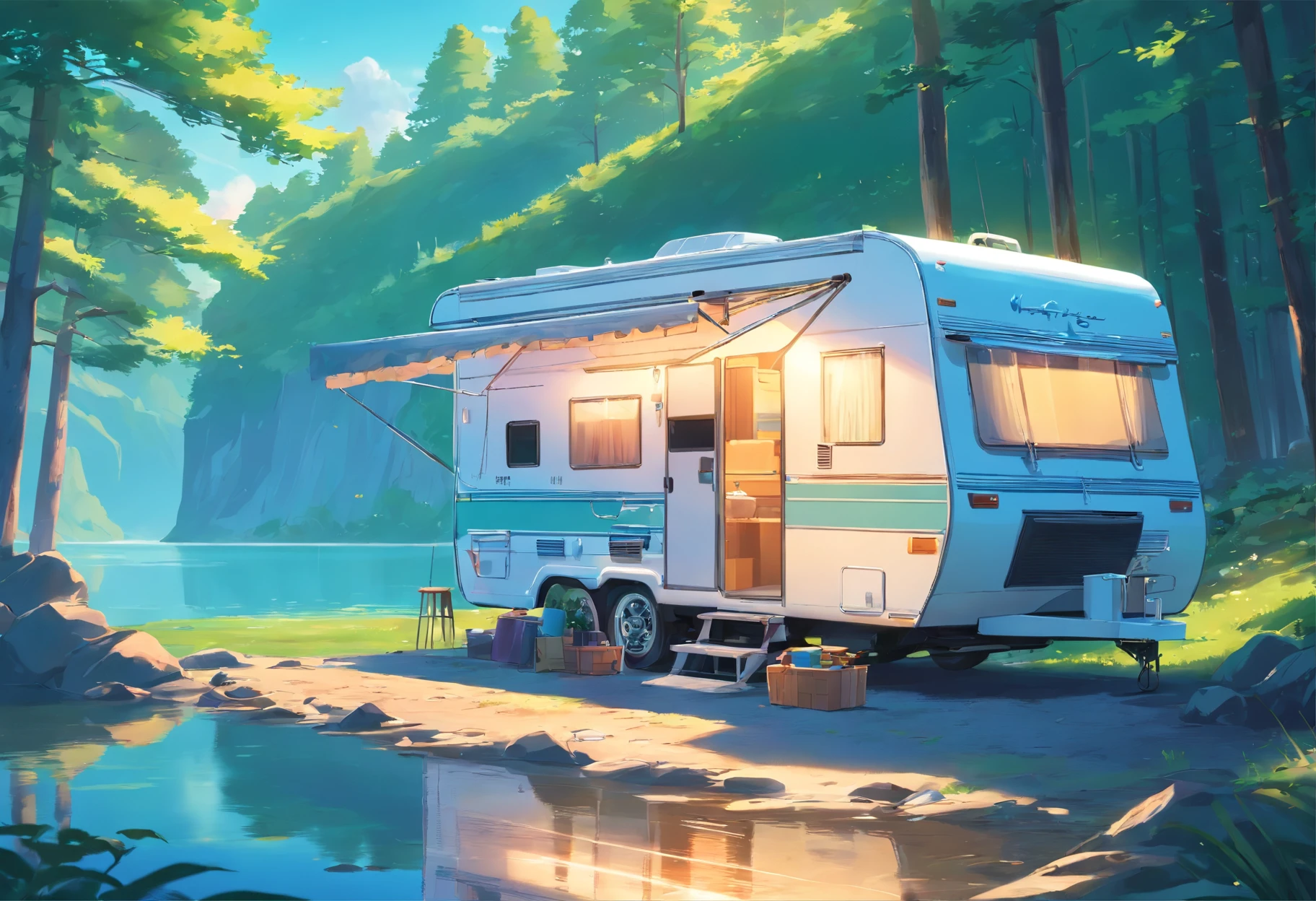 Rv motor, (motor home), in near a lake on camping ground, cinematic scenes, dramatic color gradient, masterpiece, vibrant