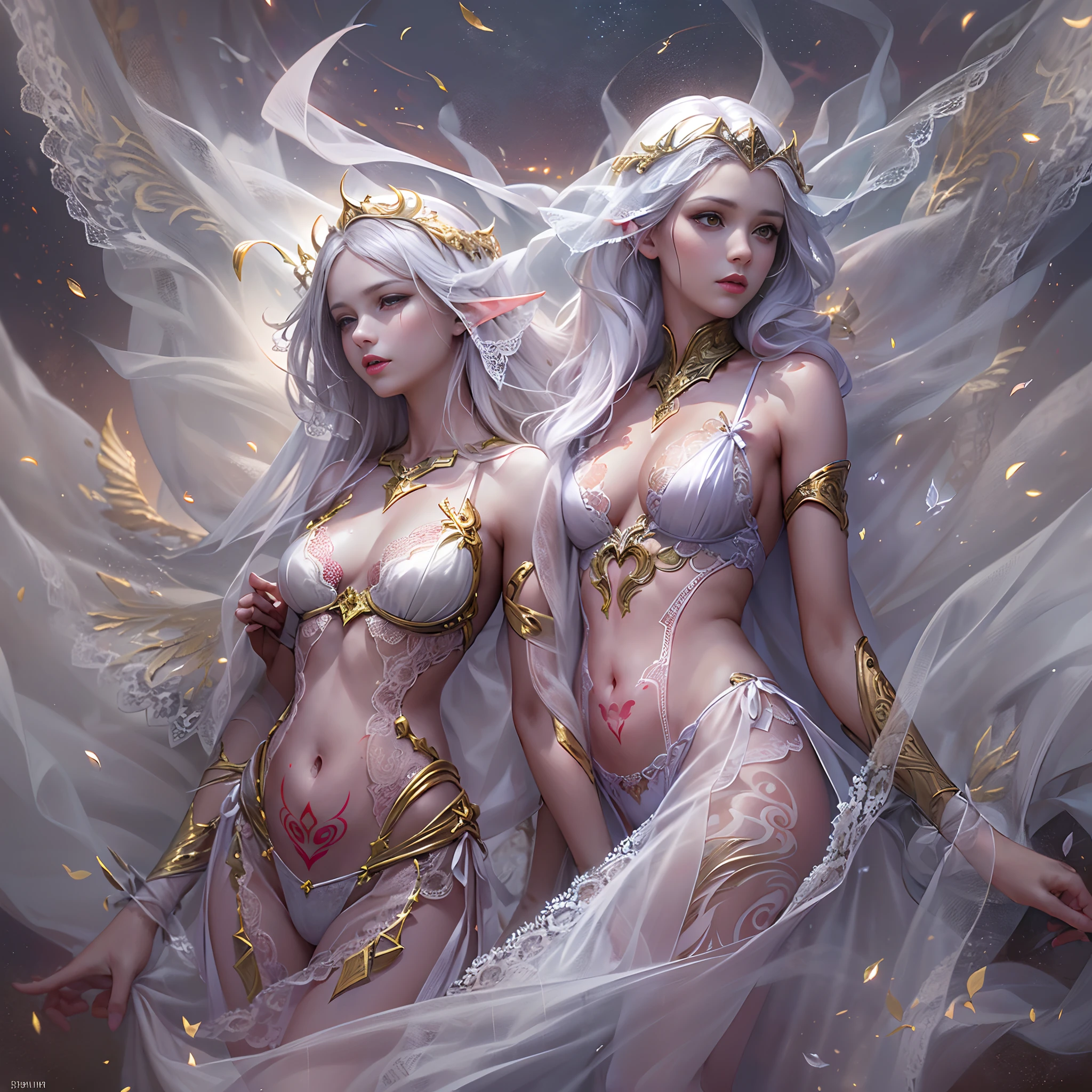 Sisters, Milky Way, Crescent Moon, Meteor Shower, Silver Hair, Feathered Angel Wings, Elven Ears, Transparent Finish, Realistic Body Lines, (((Many long white lace veils flutter in the wind))),((Red tattoo with womb under the navel))))), (Silk gold and silver lingerie), ((((Dirty crest)))