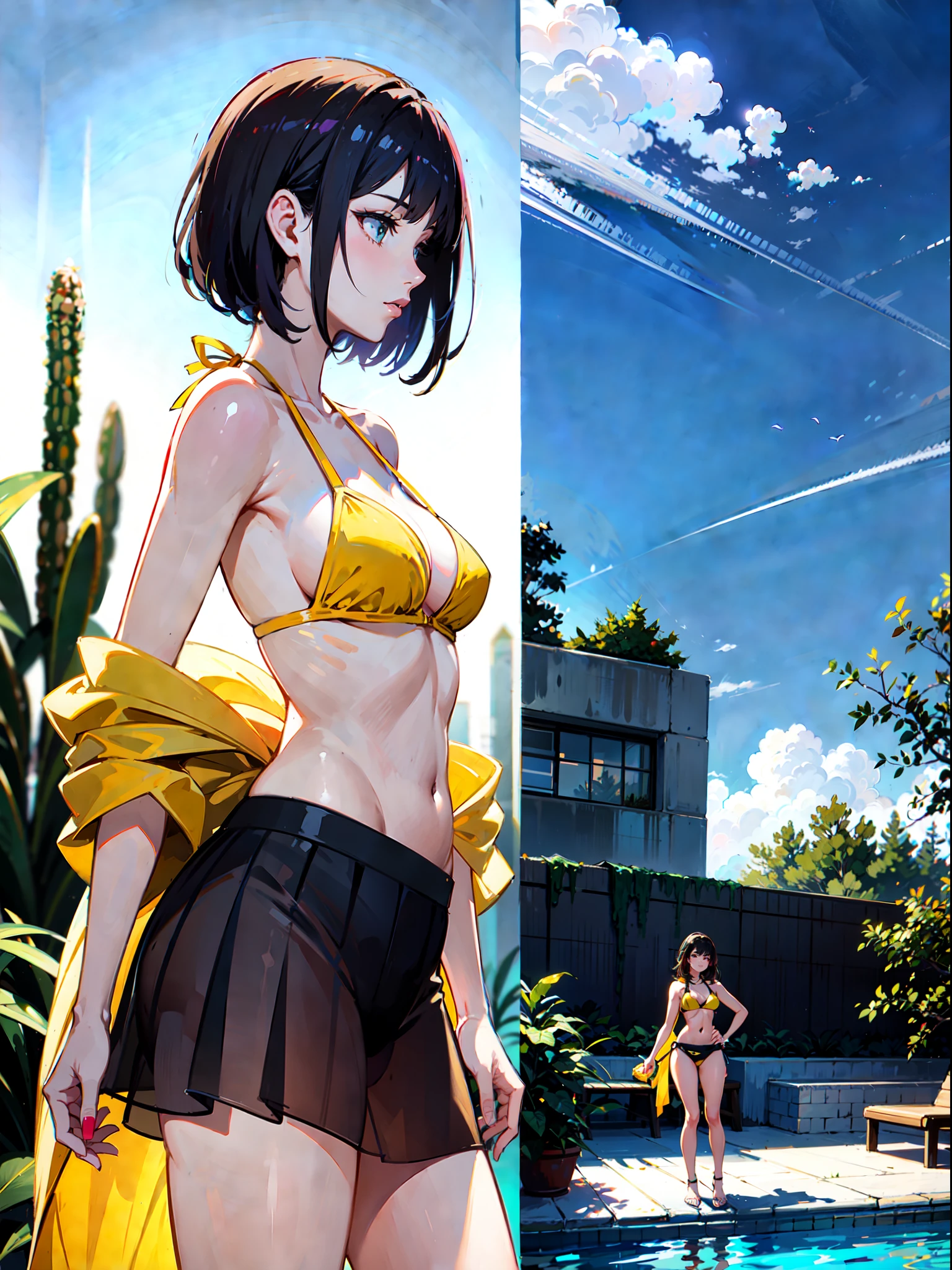 araffe woman in a yellow bikini top and black transparent skirt posing in front of a cactus, neon vibes, next to a pool, wearing pearl neon bikini, on a sunny day, wearing two - piece swimsuit, sunny leone, profile image, vacation photo, neon vibe, with beautiful exotic, in the sun, profile shot, lorena avarez, profile pic