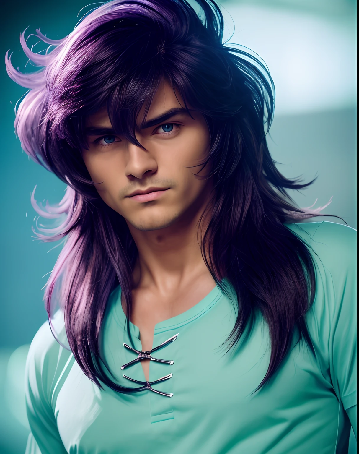 cinemactic, incrivelmente detalhado e ultrarrealista, Milo Scorpio of Saint Seiya. fechar para cima. He's wearing a light blue t-shirt. Octane is the perfect tool to capture the softest details of this 16k photography masterpiece. He is a handsome white man about 30 years old. 1st grade. beautiful face. Rosto detalhado. Nariz bonito. ((Olhos turquesa muito grandes)). olhos perfeitos. olhos definidos. depilado. Ele tem cabelo longo azul. messy hair. ((depilado)). . He's staring his enemy in the face.