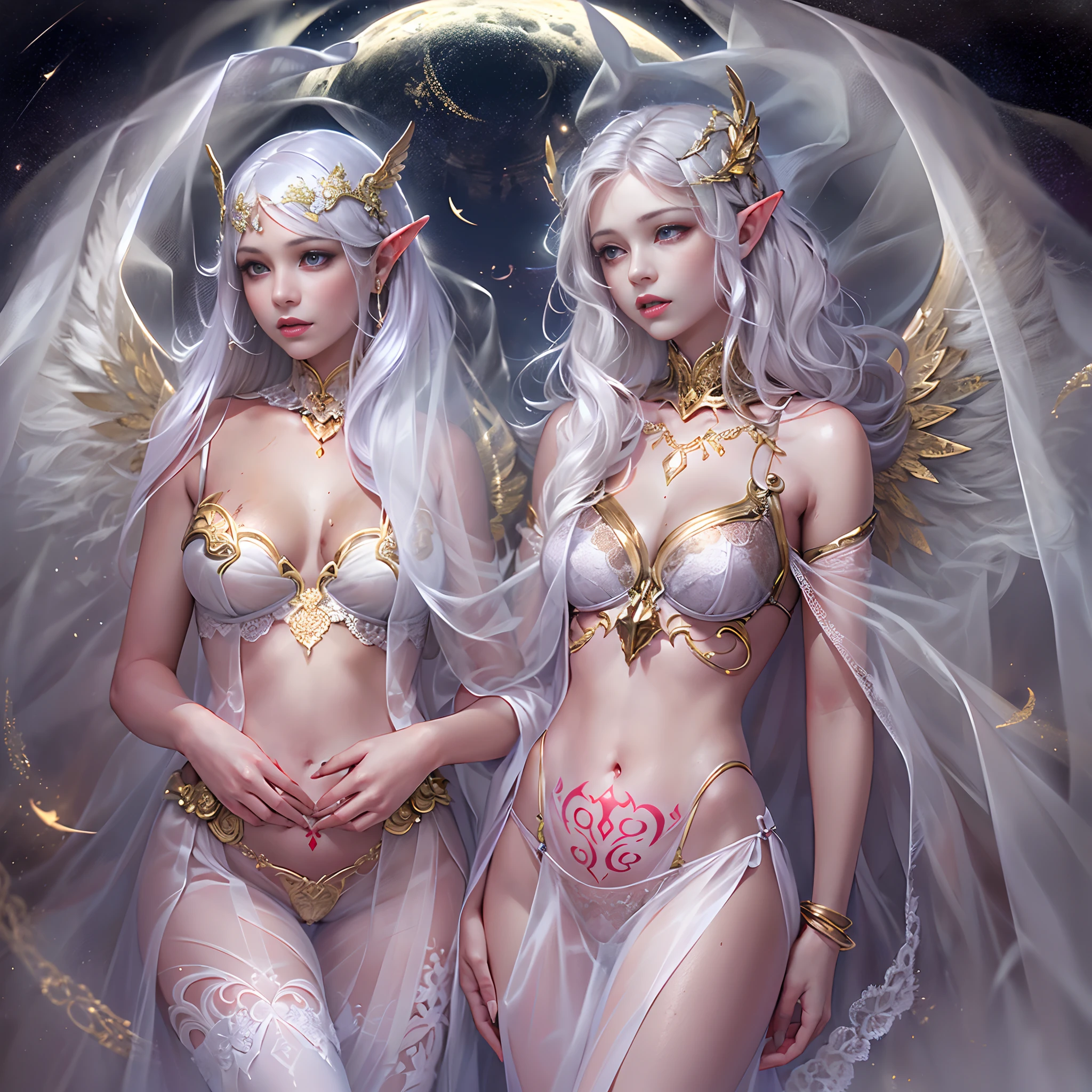 Sisters, Milky Way, Crescent Moon, Meteor Shower, Silver Hair, Feathered Angel Wings, Elven Ears, Transparent Finish, Realistic Body Lines, (((Many long white lace veils flutter in the wind))),((Red tattoo with womb under the navel))))), (Silk gold and silver lingerie), ((((Dirty crest)))