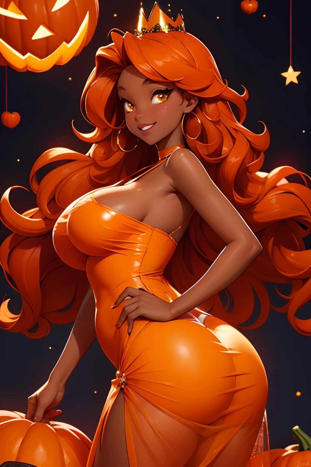 sexy dark black female, a hot thick body, fat, fat body, long wavy orange hair, pumpkin queen, halloween night, orange crown, orange see through dress, nice ass,